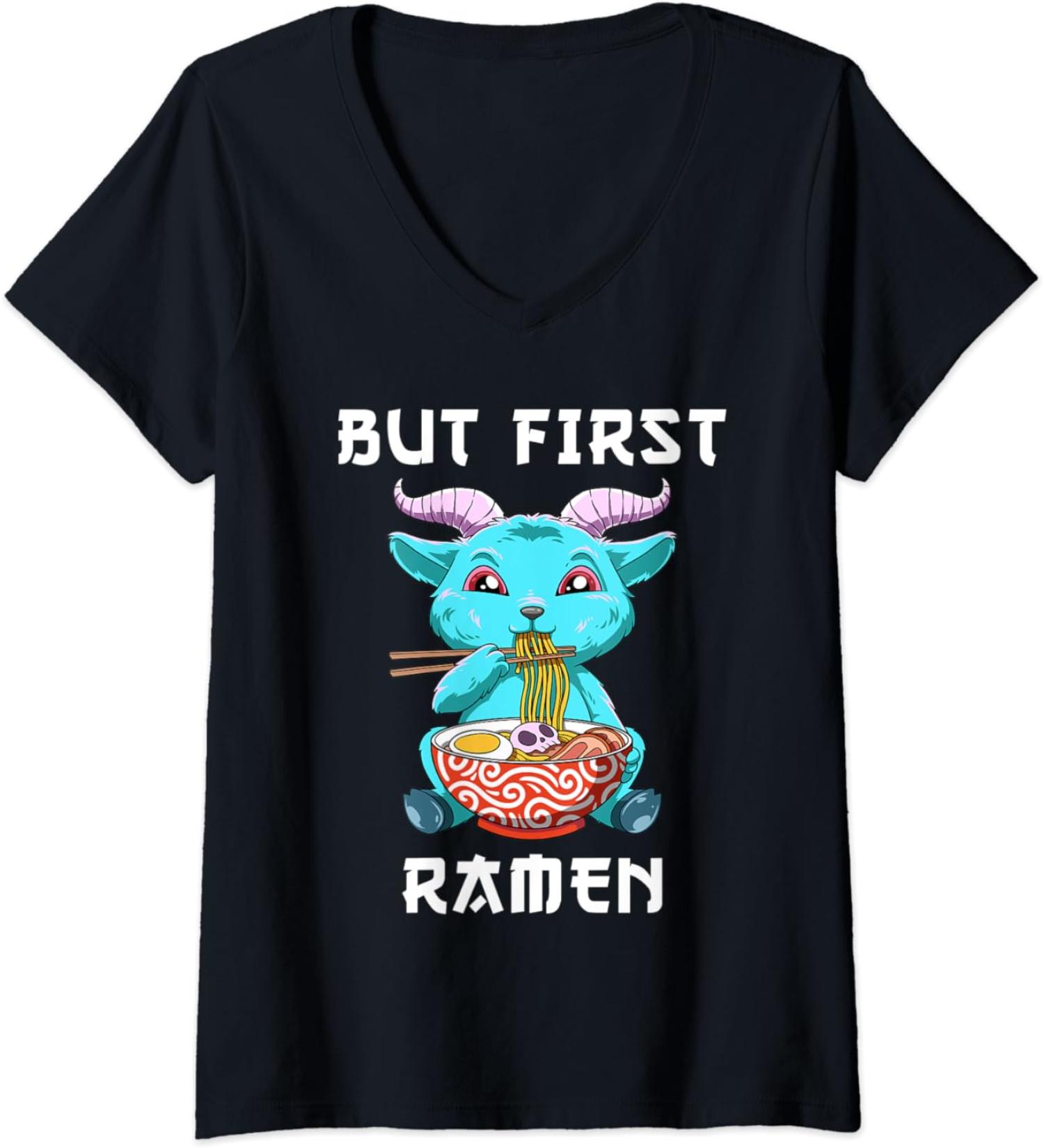 Womens But First Ramen Baphomet Noodle Soup V-Neck T-Shirt