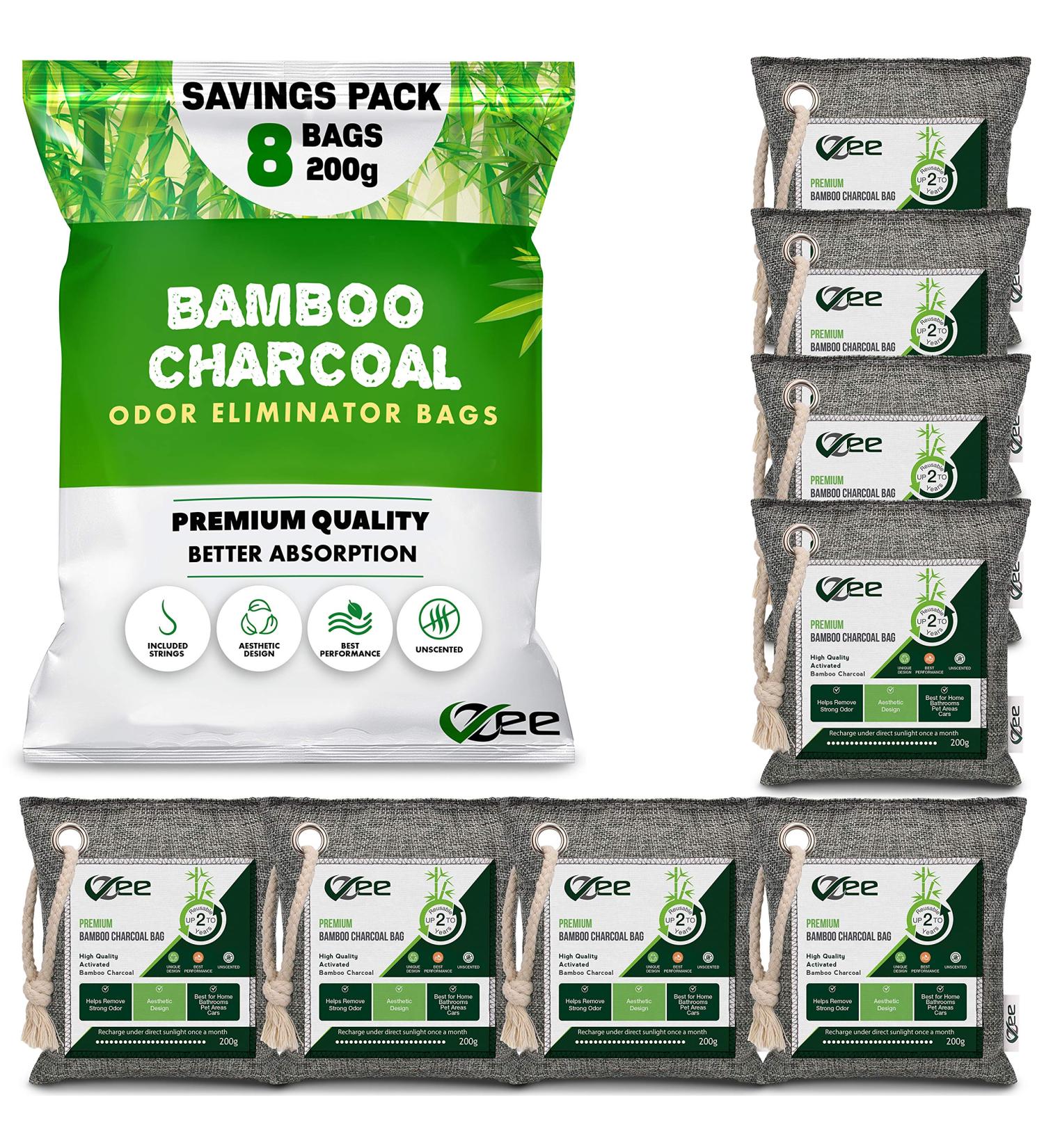 VZee 8 Pack x 200g Charcoal Bags Odor Absorber with 8 Ropes - Activated Bamboo Charcoal Air Purifying Bag for Room, Pets, and Basement Smells - Buy Online on GoSupps.com