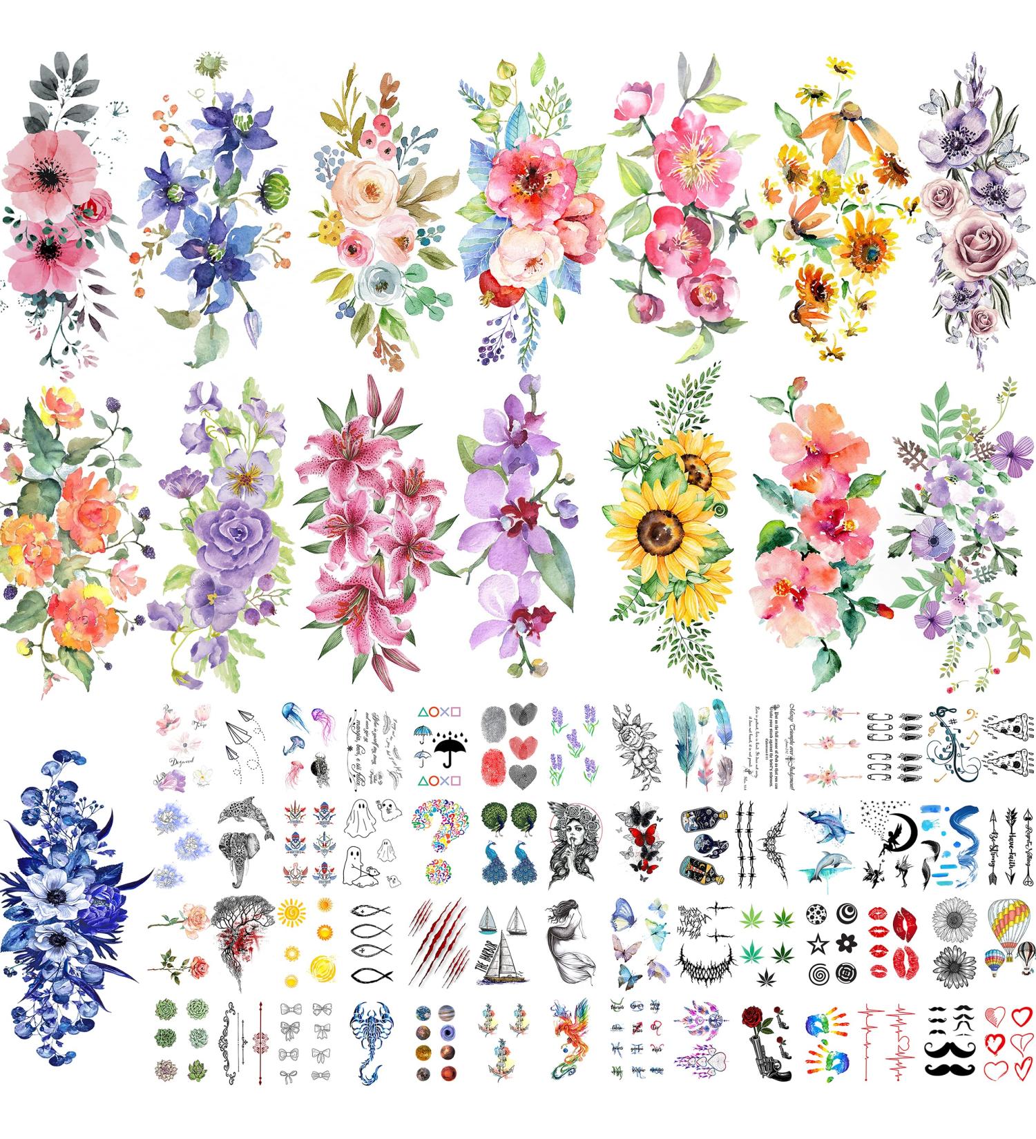 Quichic 180 Watercolor Flower Temporary Tattoos - Big and Lasting Designs for Women - Buy Online on GoSupps.com
