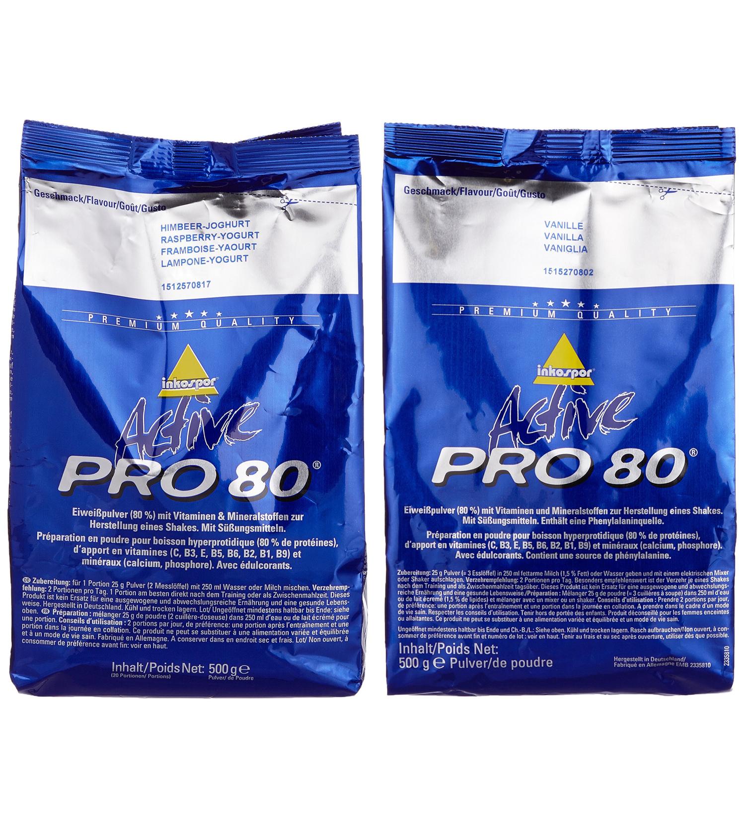 Inkospor Active Proteinshake Pro 80 Bags - 2-Pack (2 x 500g) Vanilla/Raspberry Yoghurt & 1-Pack (1 x 1kg) - Buy Internationally - Buy Online on GoSupps.com