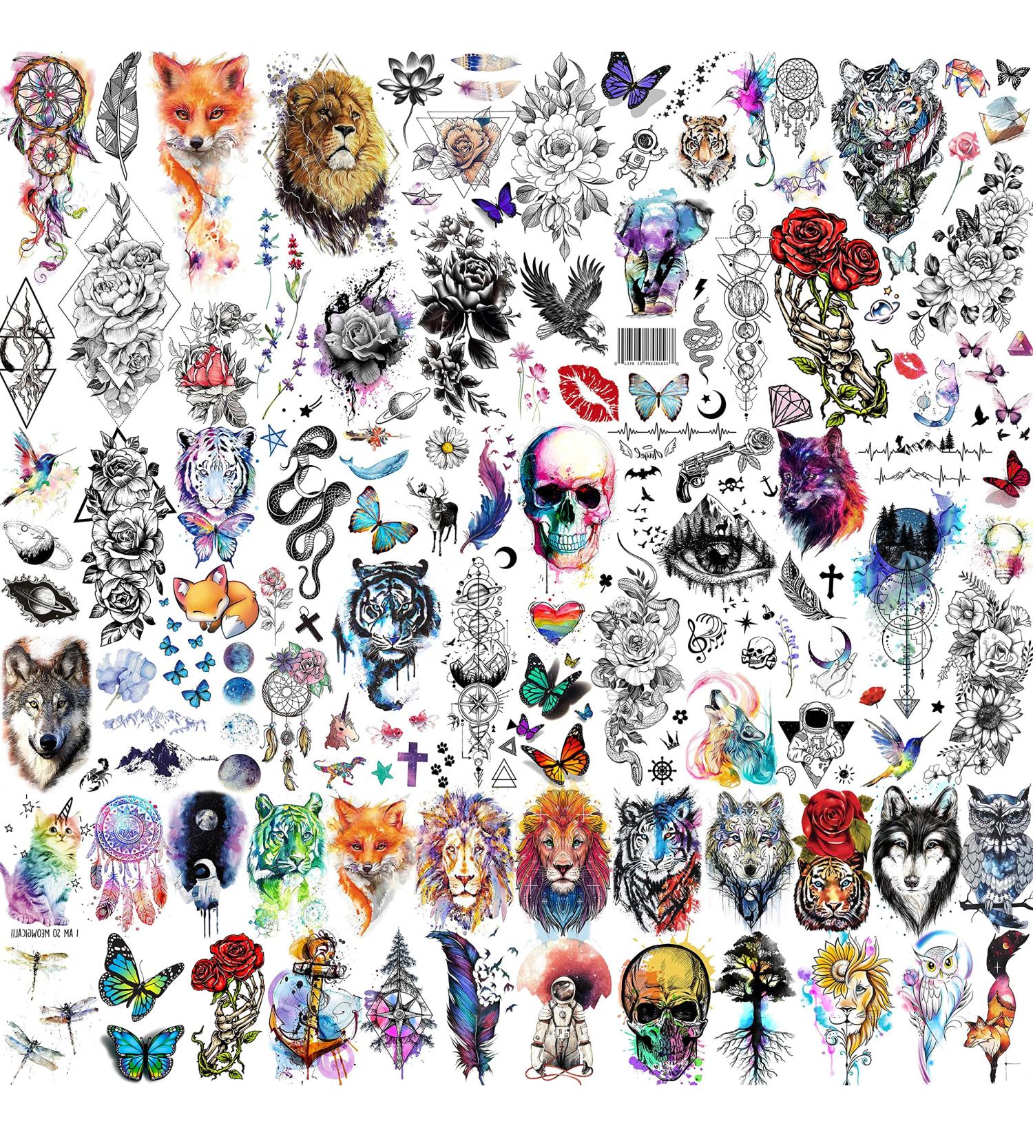 Rejaski Watercolor Animals Temporary Tattoos - 32 Sheets, 98+ PCS for Women, Men & Kids | Realistic & Long Lasting Fake Tattoos with Tiger, Lion, Skull Designs - Buy Online on GoSupps.com