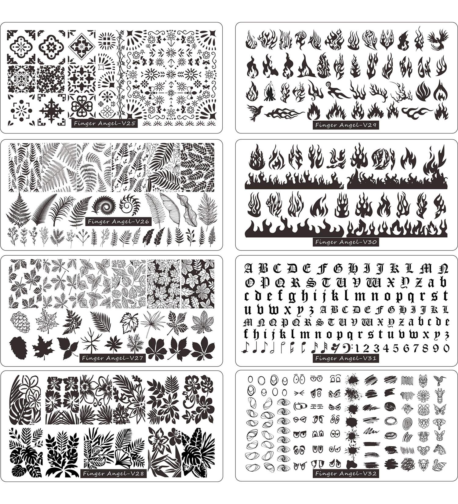 FingerAngel 13pcs Nail Stamp Plates Set - Nails Art Stamping Plate Scraper Stamper Set with Leaves, Flowers, and Animal Designs - V25-32 - Buy Online on GoSupps.com