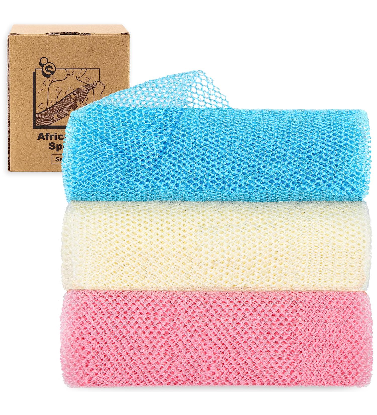 myHomeBody African Net Sponge Set - Exfoliating Cloths in Light Blue Beige & Pink | Premium African Bath Sponge for Radiant Skin | Ships Internationally - Buy Online on GoSupps.com