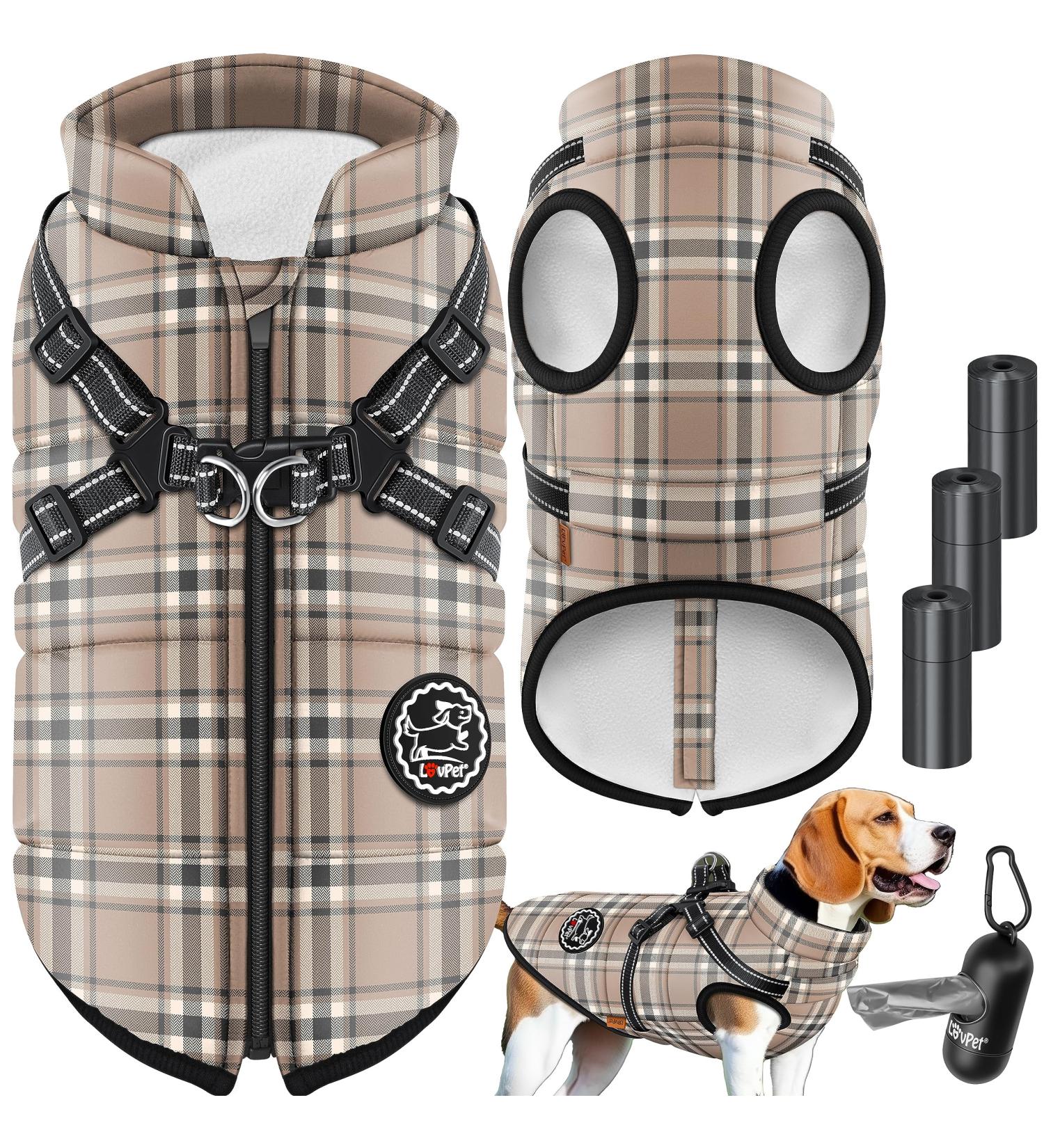 LOVPET Dog Jacket & Coat - Waterproof Padded Winter Vest with 45 Feces Bags & D-Ring - 3XL Beige - Ultimate Comfort & Safety for Dogs - Buy Online on GoSupps.com