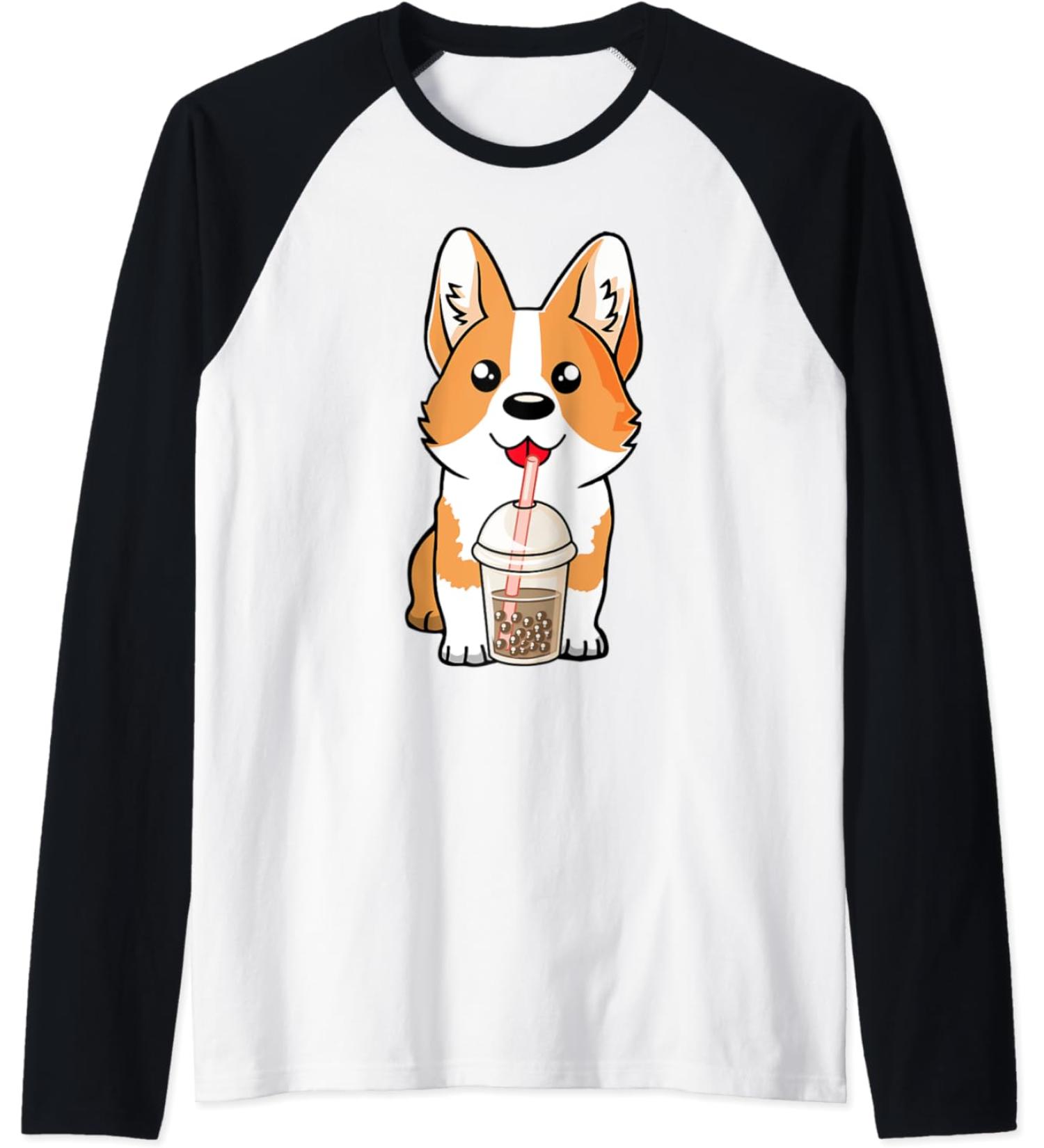 Boba Milk Tea Corgi Dog Puppy Lover Kawaii Japanese Anime Raglan Baseball Tee