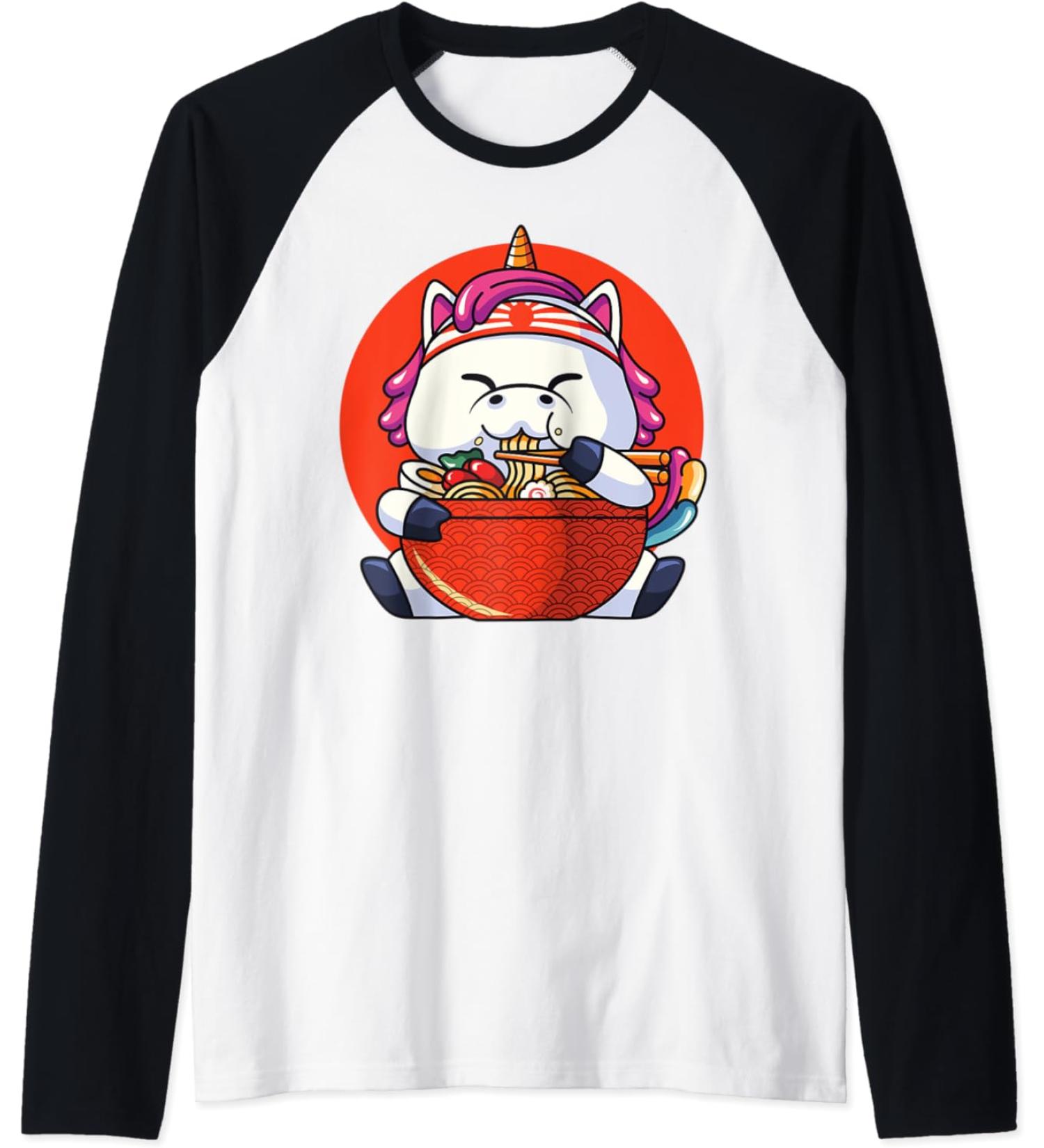 Korean Ramen Unicorn Anime Raglan Baseball Tee