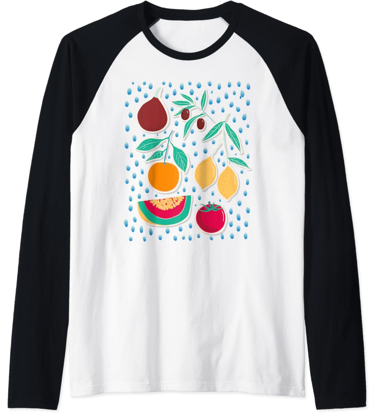 Mediterranean Fruits Melon Olive Fig Orange Lemon Vegan Diet Raglan Baseball Tee
