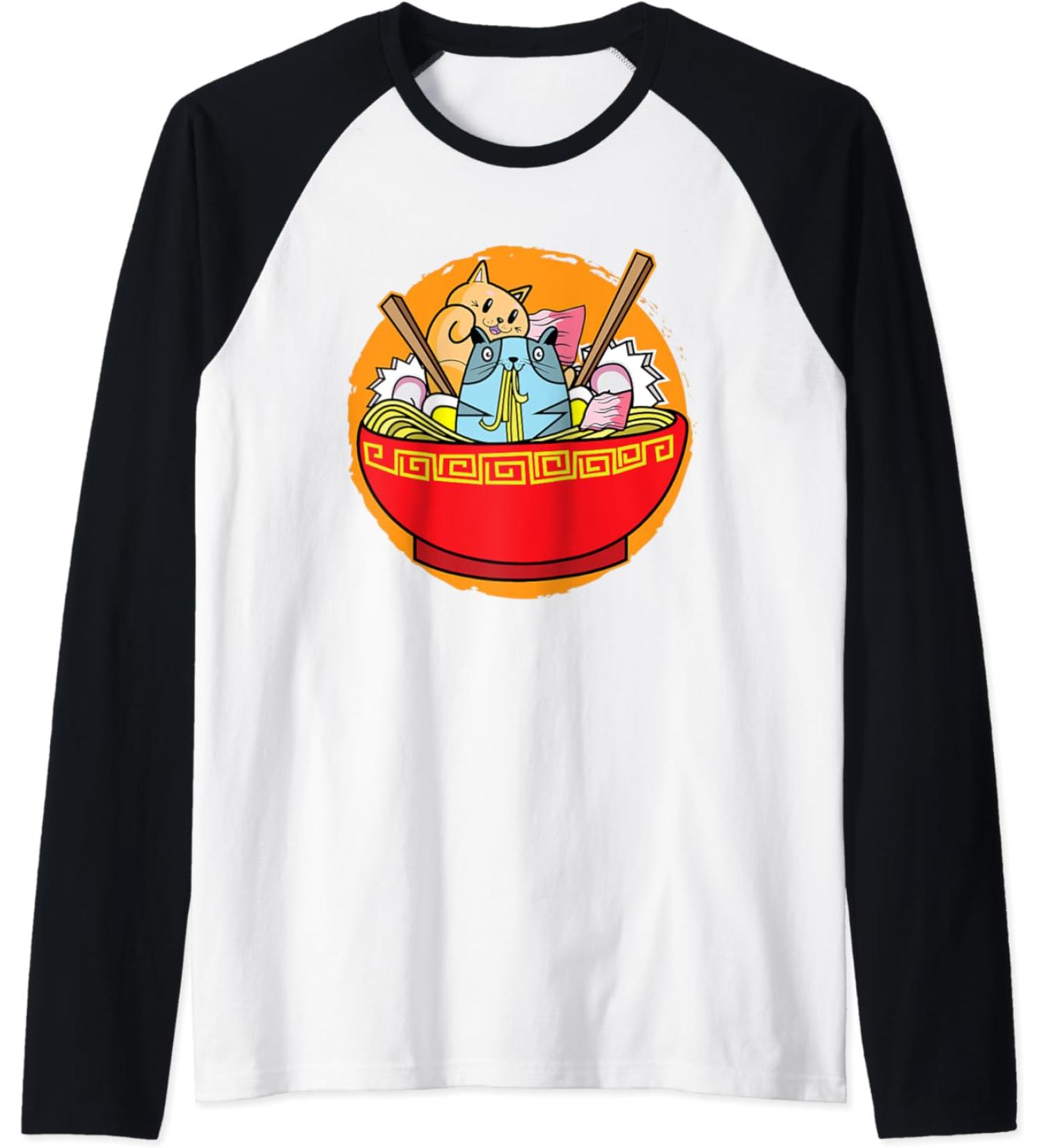 Anime Cat Japanese Ramen Noodles I Funny Ramen Raglan Baseball Tee