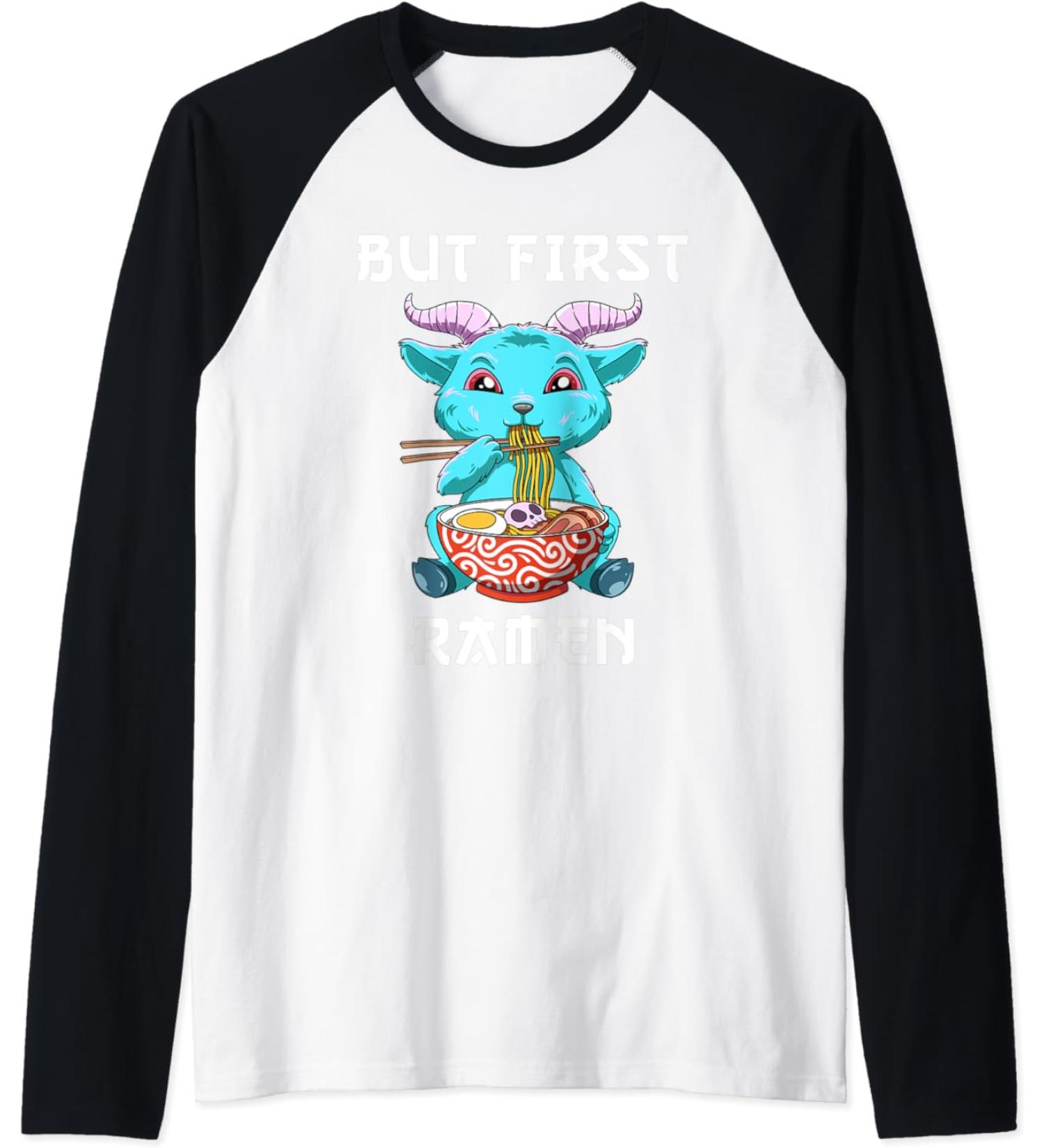 But First Ramen Baphomet Noodle Soup Raglan Baseball Tee
