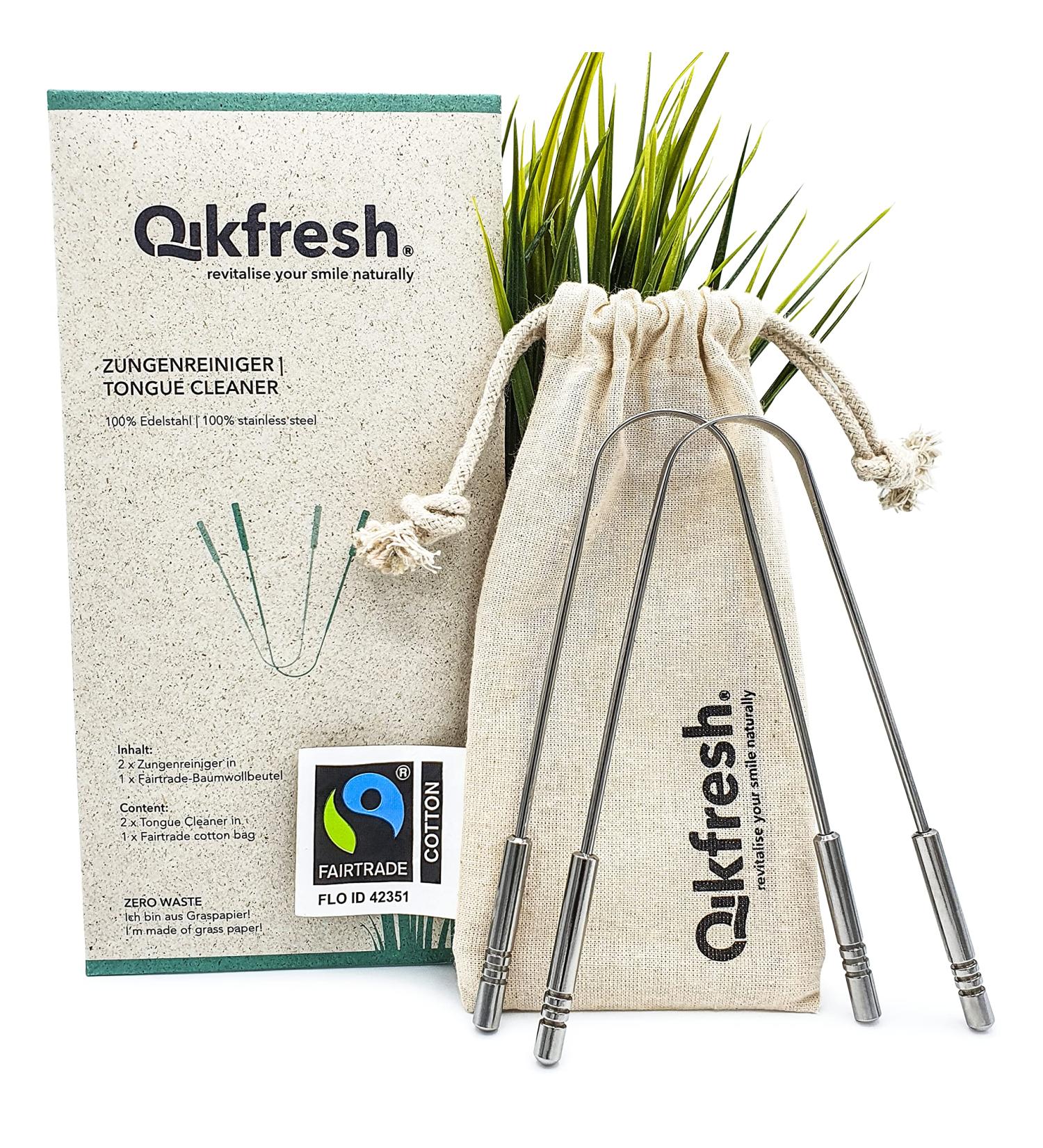 Qikfresh 100% Stainless Steel Tongue Cleaner (2-Pack) | Durable Bad Breath Solution | Fairtrade Cotton Travel Bags | Oral Hygiene for All Ages - Buy Online on GoSupps.com