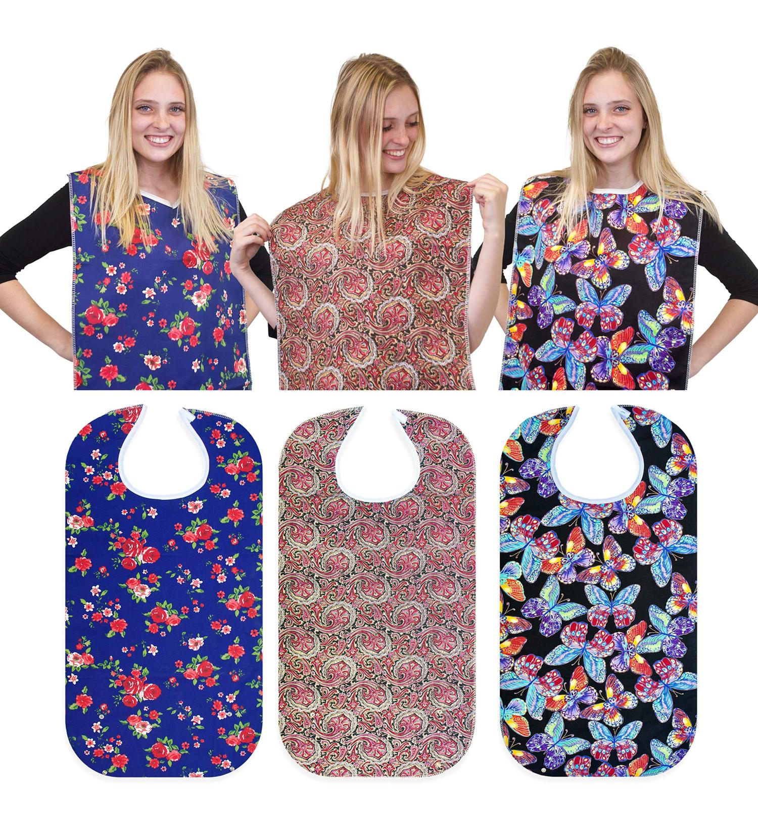 RMS 3 Pack Adult Bib with Crumb Catcher, Waterproof Clothing Protector (34x18) - Butterfly/Blue Rose/Heritage - Buy Online on GoSupps.com