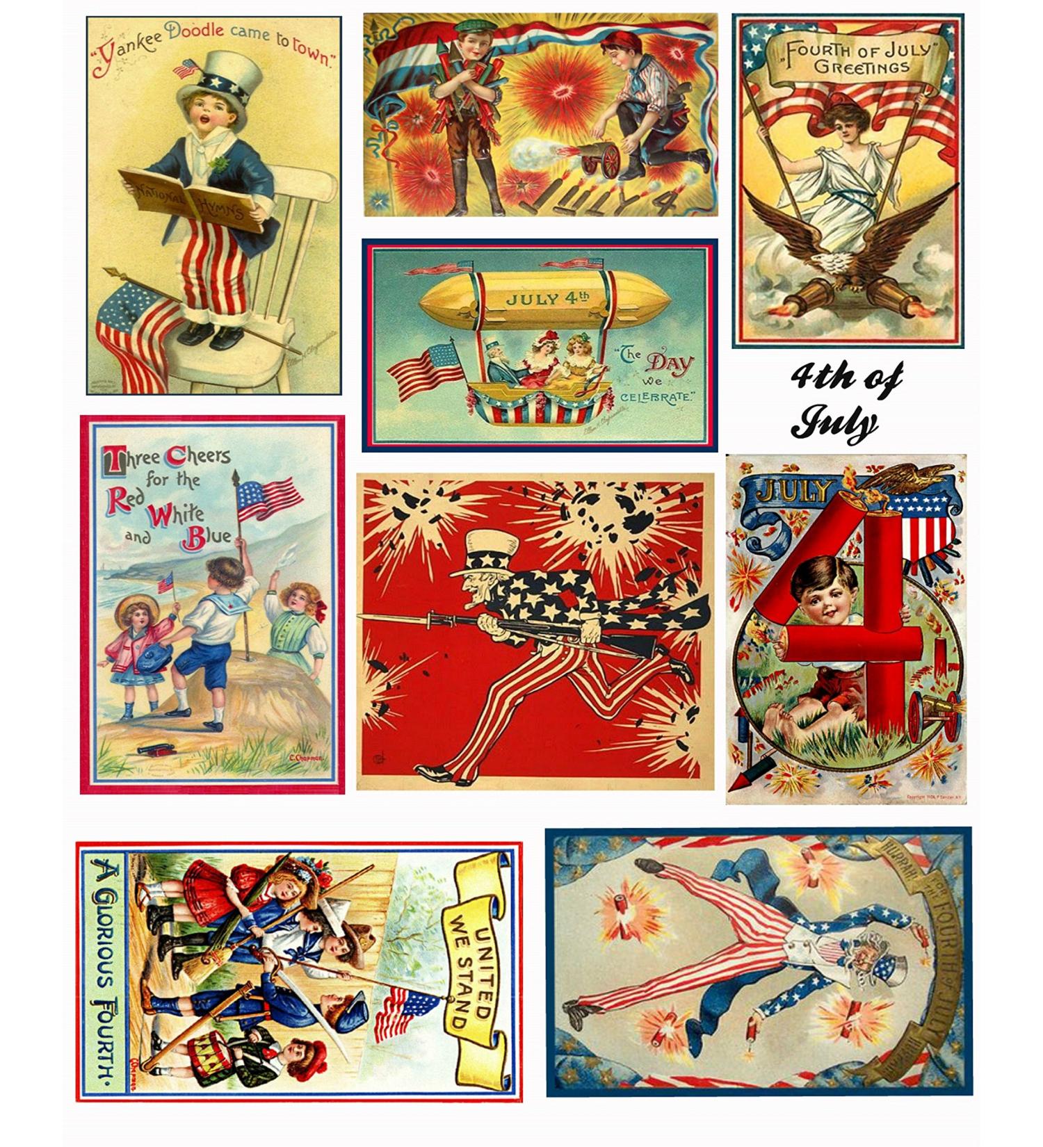 4th of July Vintage Patriotic Images Collage Sheet Collection Print for Scrapbooking, Card Making, Crafts