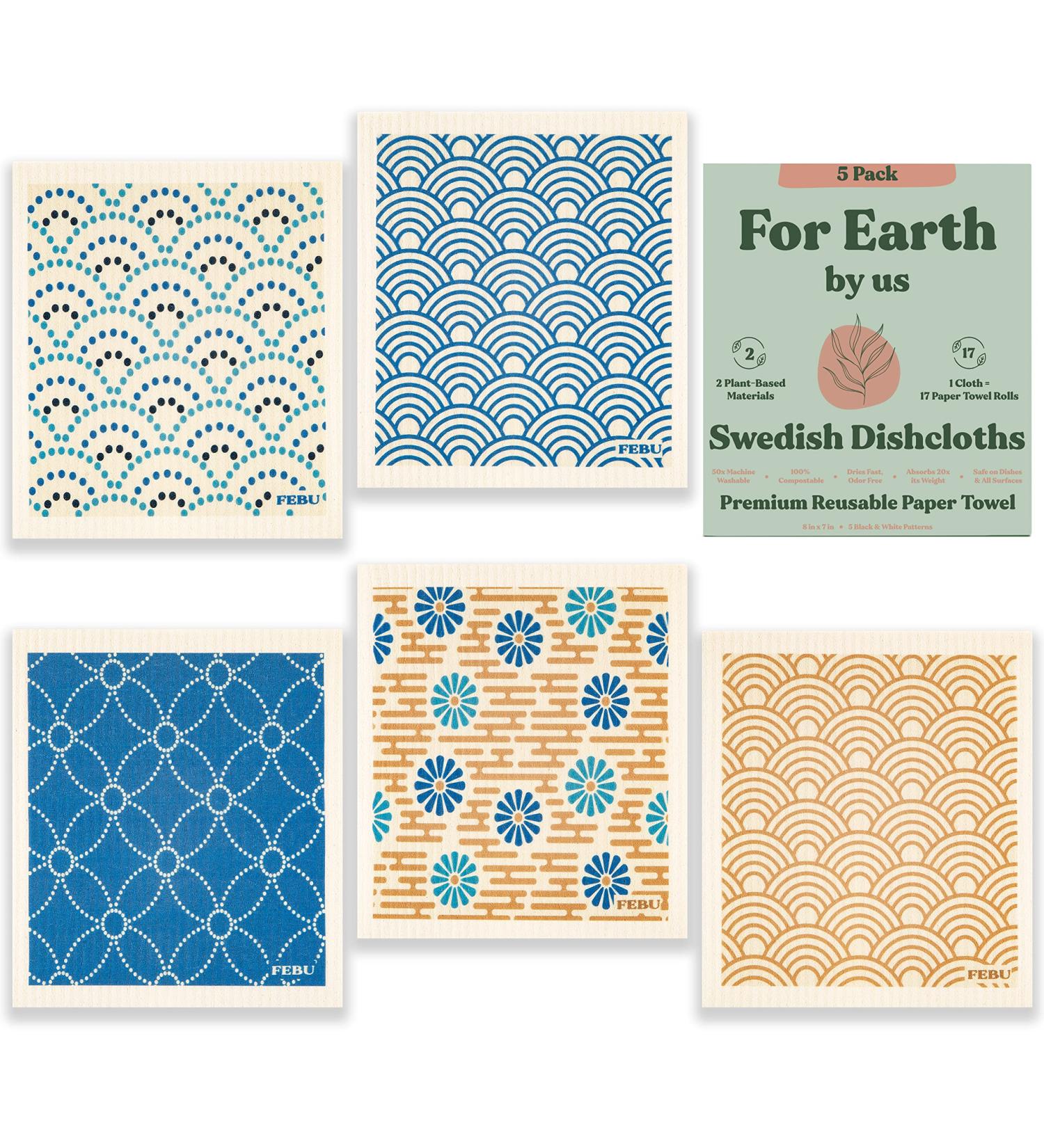 FEBU Swedish Dishcloths 5 Pack Blue GeometricKitchen Towels | Reusable Cellulose Sponge Cloths | Non Scratch Paper Towels | Biodegradable Dish Rags - 5 Count - Buy Online on GoSupps.com