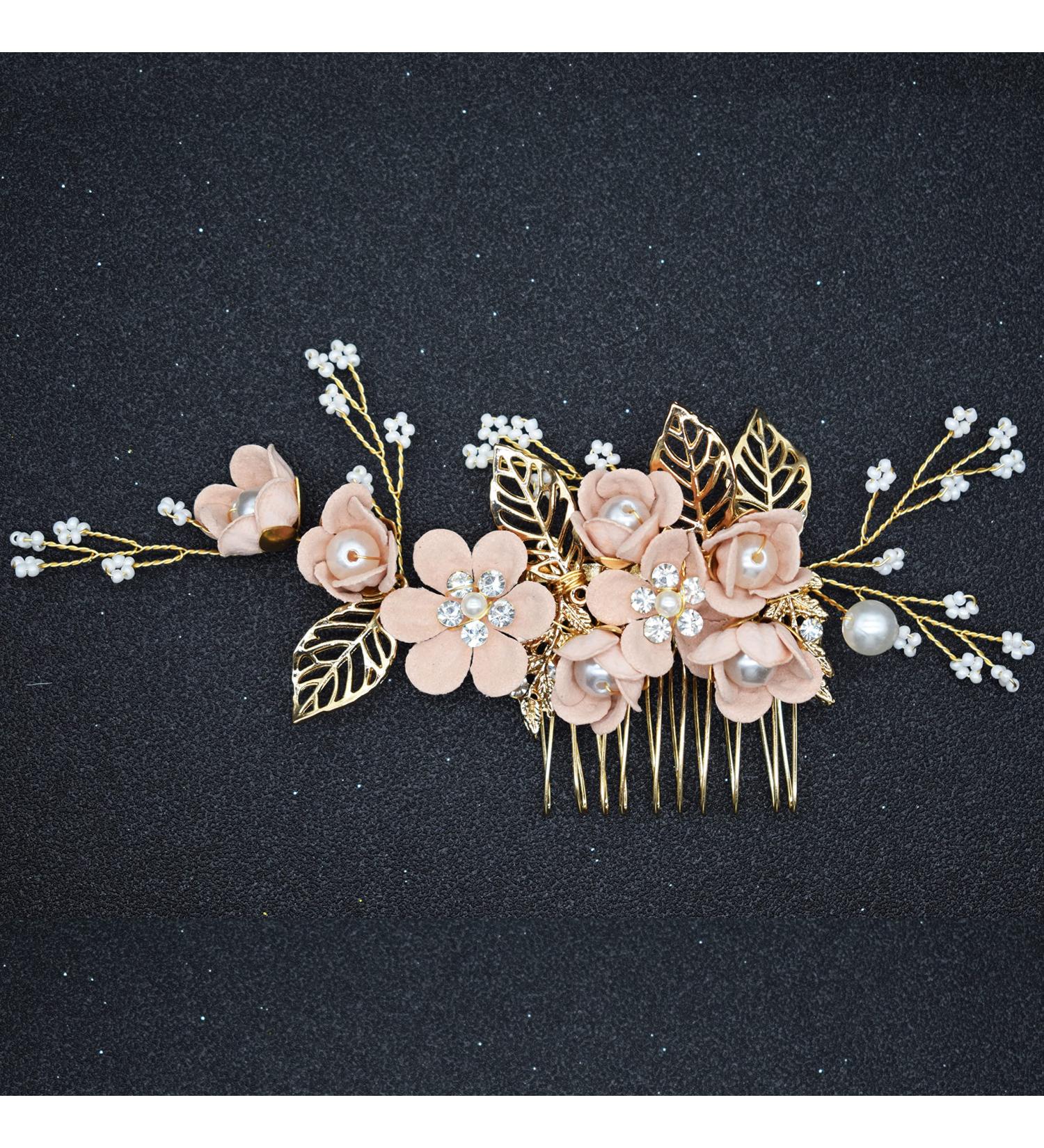 Wedding Hair Accessories Fanvoes Hair Pieces Comb for Bride Bridal - Gold Headpiece Barrette w/Handmade Pink Flower Ivory Pearl Rhinestone - Buy Online on GoSupps.com