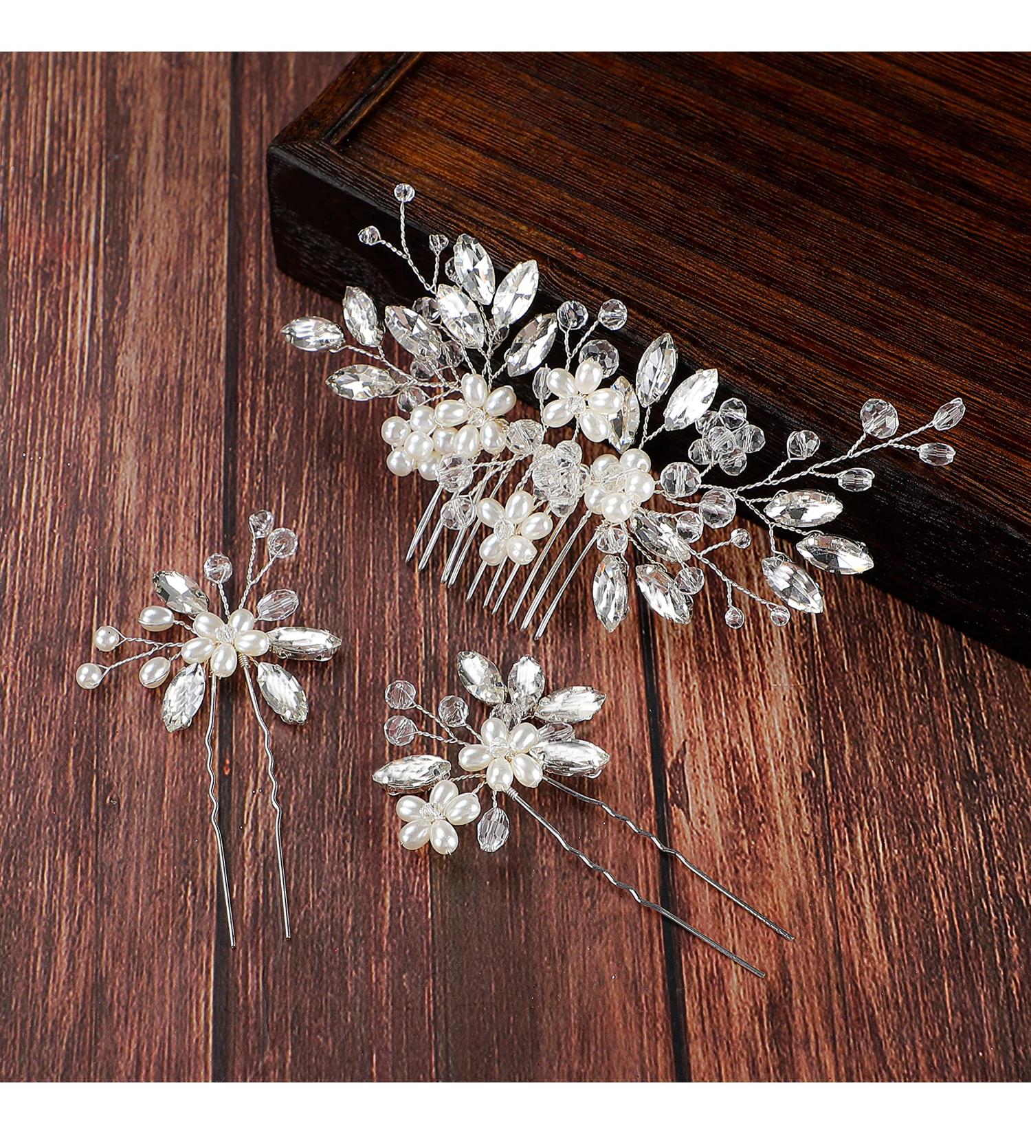Bride Wedding Hair Pins Set - Rhinestone Clips & Pearl Combs | Elegant Bridal Hair Accessories for Women Girls | 3 Types in Silver - Buy Online on GoSupps.com