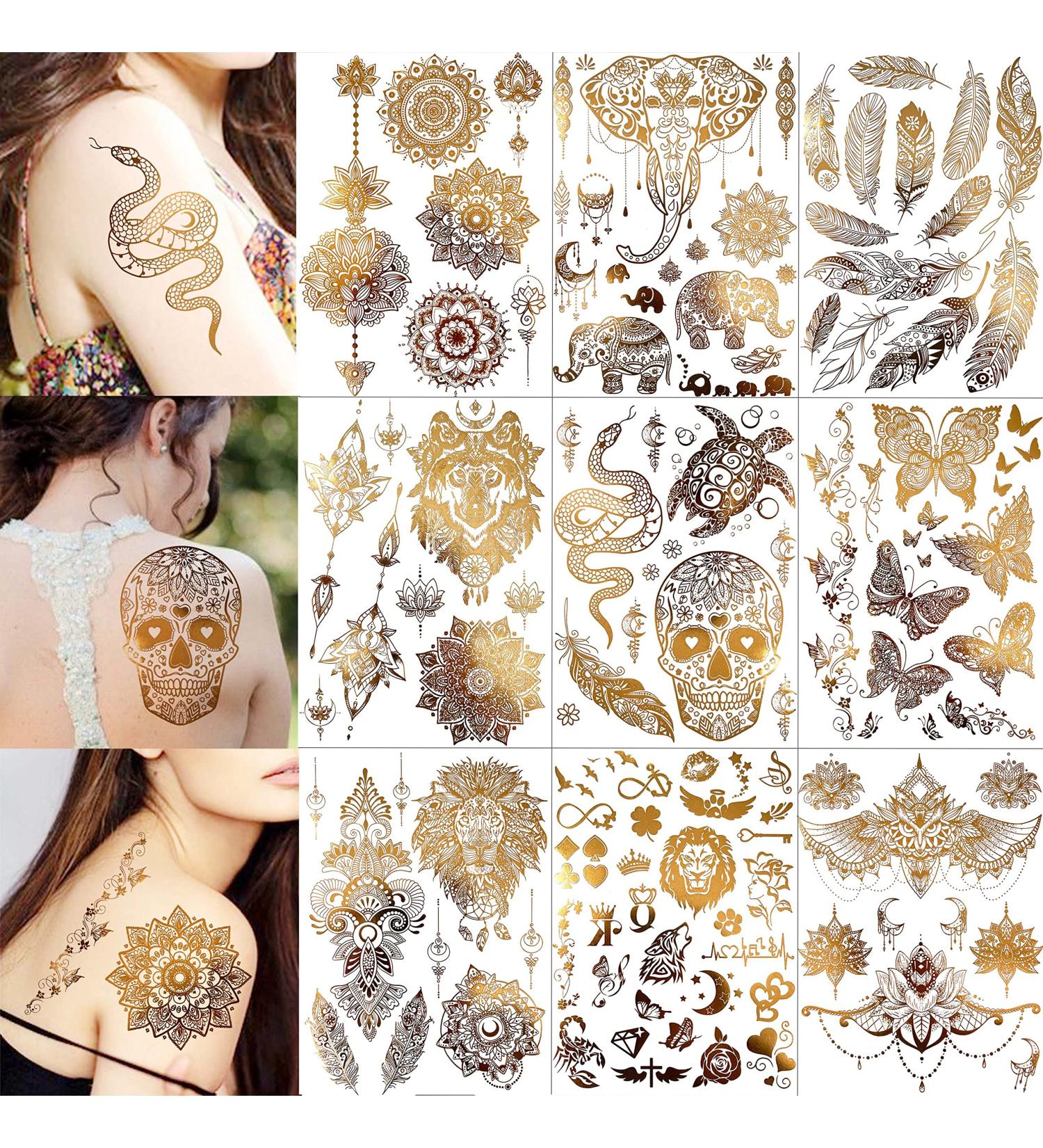 Rejaski 9 Sheets Flash Gold Metallic Temporary Tattoos - Bohemian Designs for Women, Adults - Fake Tattoo Stickers with Indian Tribal Elephant, 3D Wolf, Lion, Snake, Mandala Flower, Halloween Skull, Butterfly, Feather, Glitter - Buy Online on GoSupps.com