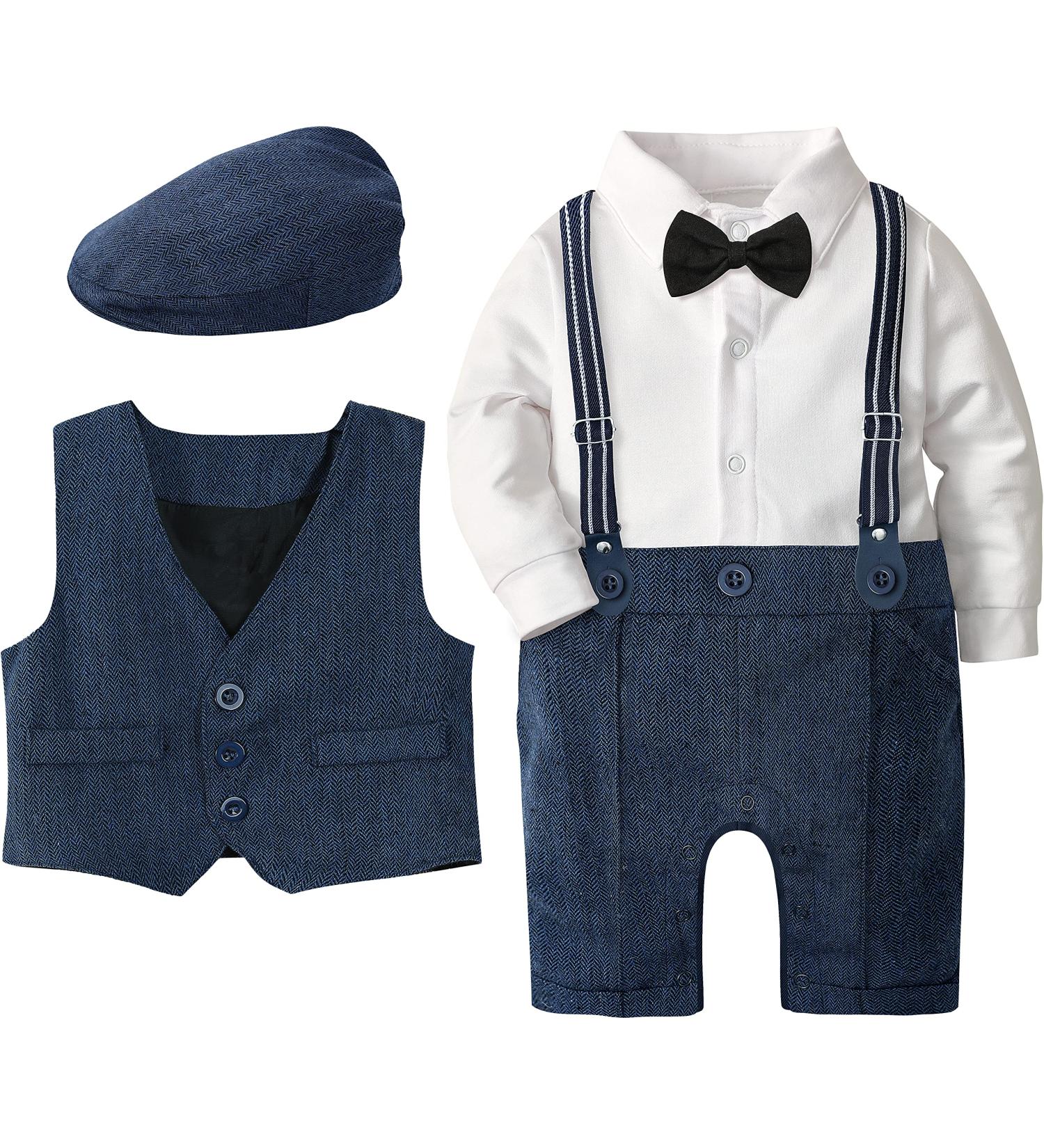 Mint Green Baby Boy Romper Suit | Gentleman Jumpsuit with Bow Tie Waistcoat | 6-9 Months | Royal Blue - Buy Online on GoSupps.com