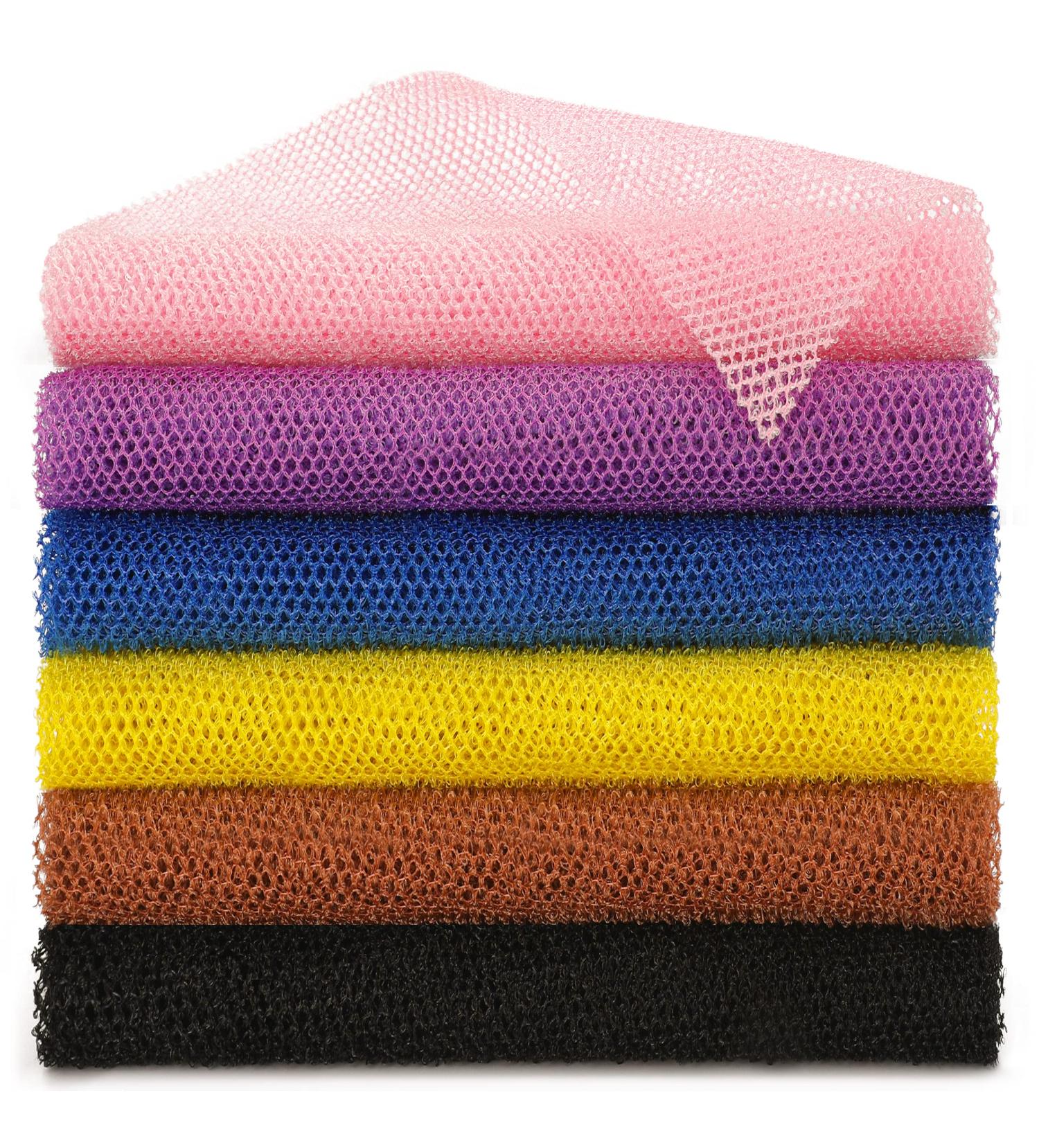 6 Pieces African Net Sponge African Exfoliating Net Long African Bath Sponge Washcloth Shower Net African Body Scrubber Net for Skin Smoother Daily Use(Pink Yellow Purple Black Blue Brown)