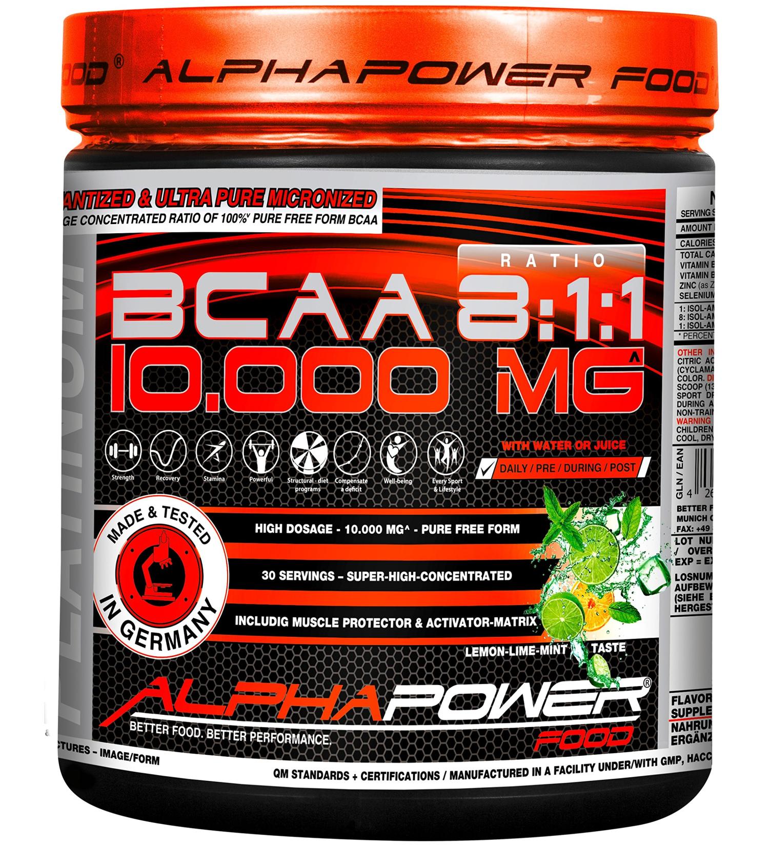 Vegan BCAA Powder 10 000 mg - High-Dose 8:1:1 Ratio Instant Amino Acids Delicious Lemon-Lime-Mint Flavor - Alphapower Food - Buy Online on GoSupps.com