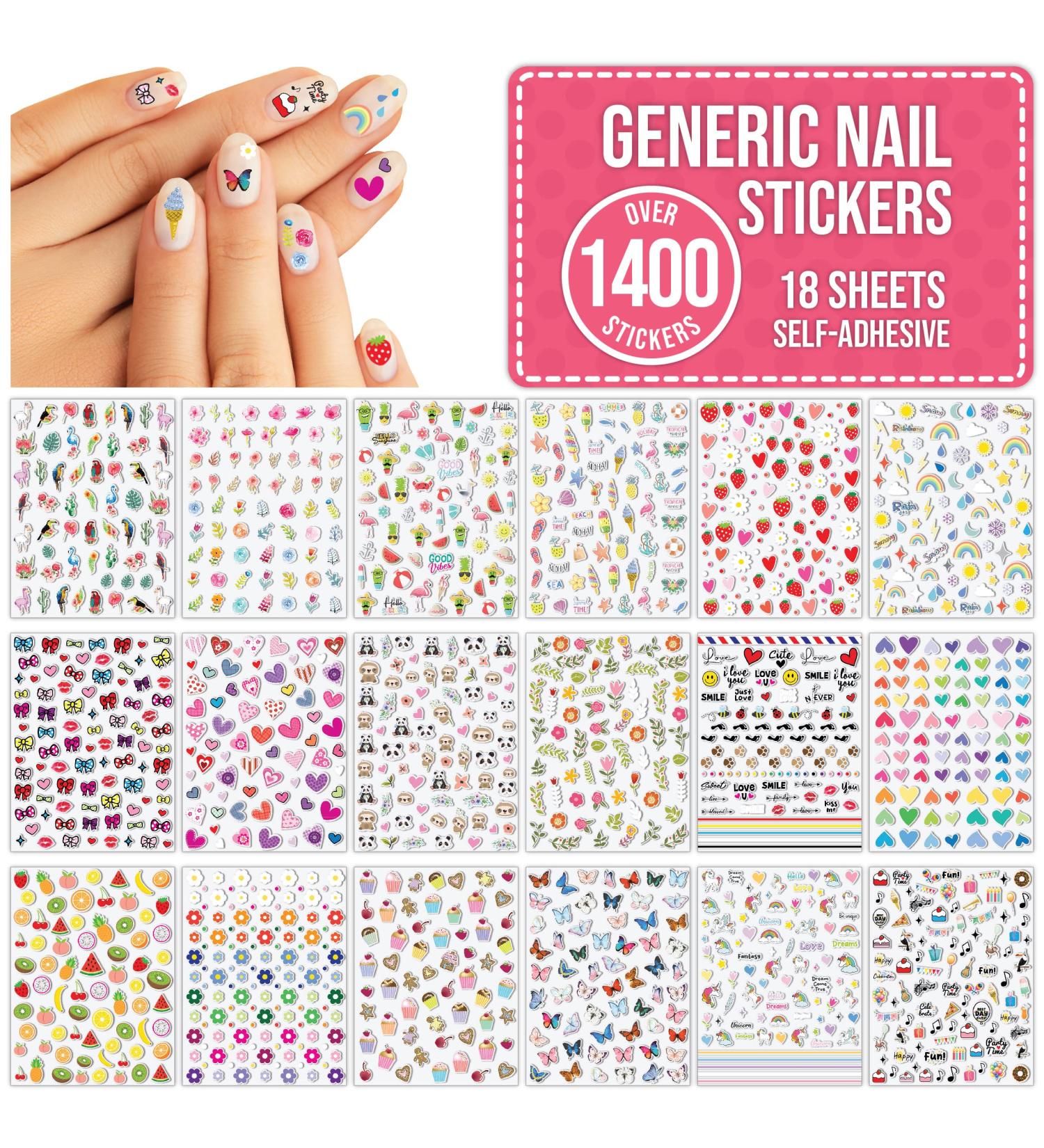 Cute Nail Stickers - 18 Sheets Self Adhesive Nail Art Decal Kit for Kids & Adults - Flowers, Hearts, Butterflies, Fruits, Animals - Buy Online on GoSupps.com