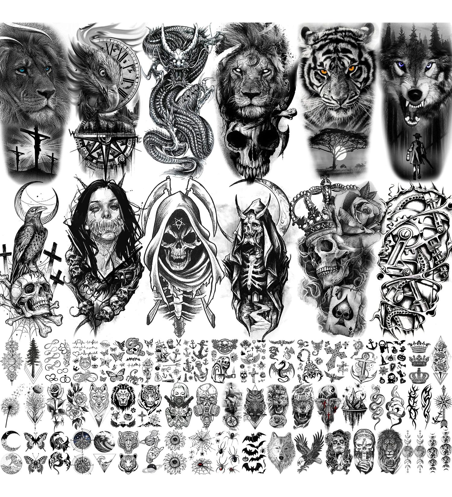 Rejaski 66 Sheets Black Eagle Dragon Temporary Tattoos for Men and Women - Halloween 3D Wolf, Tiger, Lion, Skull Fake Tattoos - Large Arm Sleeve and Forearm Designs - Buy Online on GoSupps.com