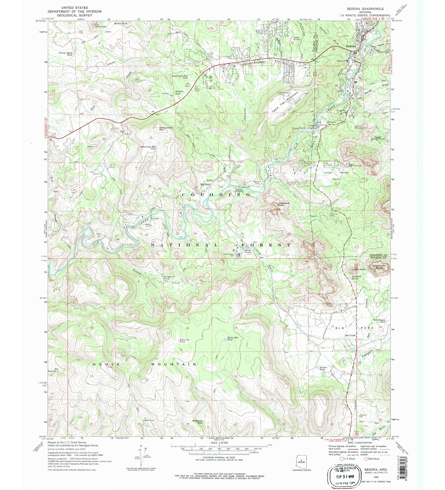 YellowMaps Sedona AZ topo map, 1:24000 Scale, 7.5 X 7.5 Minute, Historical, 1969, Updated 1972, 26.8 x 22 in Polypropylene