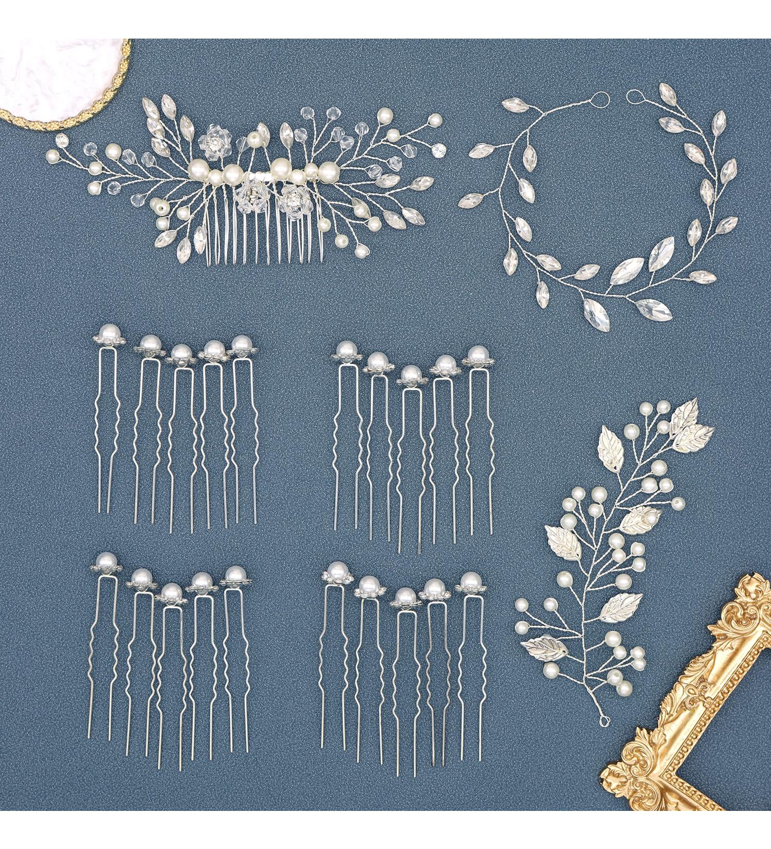 Bridal Pearls and Rhinestone Wedding Hair Accessories - Crystal Hair Piece Combs for Brides and Bridesmaids (23 Pack, Silver) - Buy Online on GoSupps.com