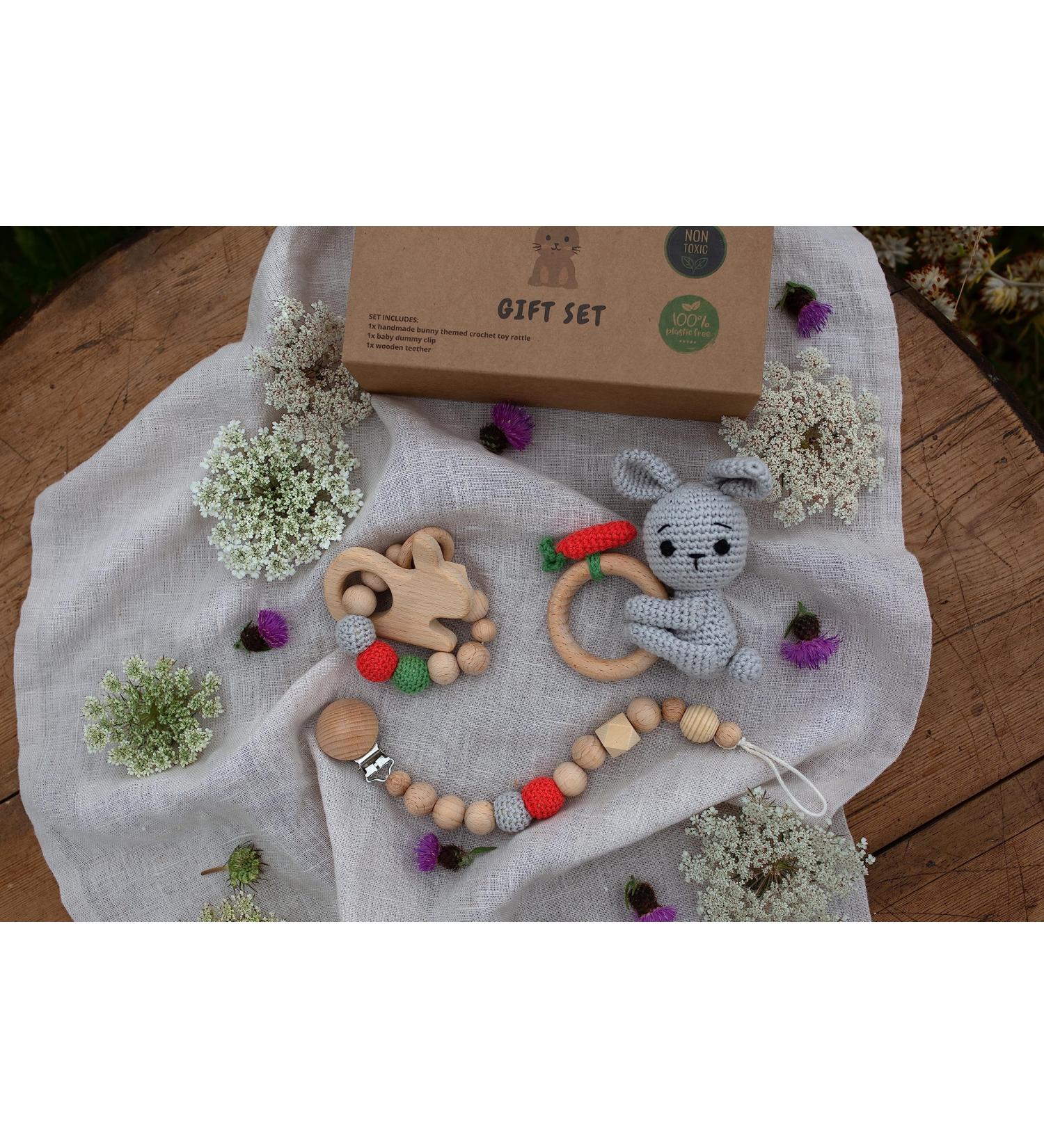 New Baby Gift Set - Boy & Girl Newborn Gift Box with Crochet Rattle (Bunny) - Vintage Baby Shower Gift Set - Buy Online on GoSupps.com