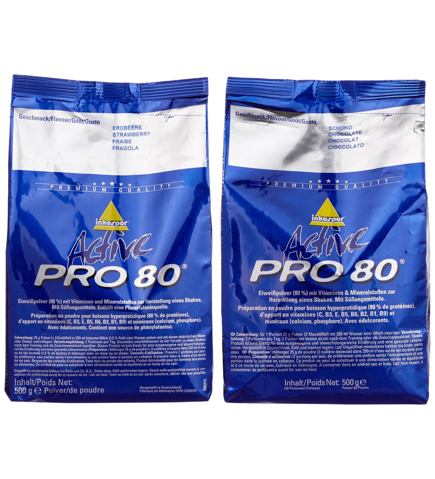 Inkospor Active Proteinshake Pro 80 Bags | 2-Pack (2 x 500g) Chocolate/Strawberry & 1-Pack (1 x 1kg) - International Shipping Available - Buy Online on GoSupps.com