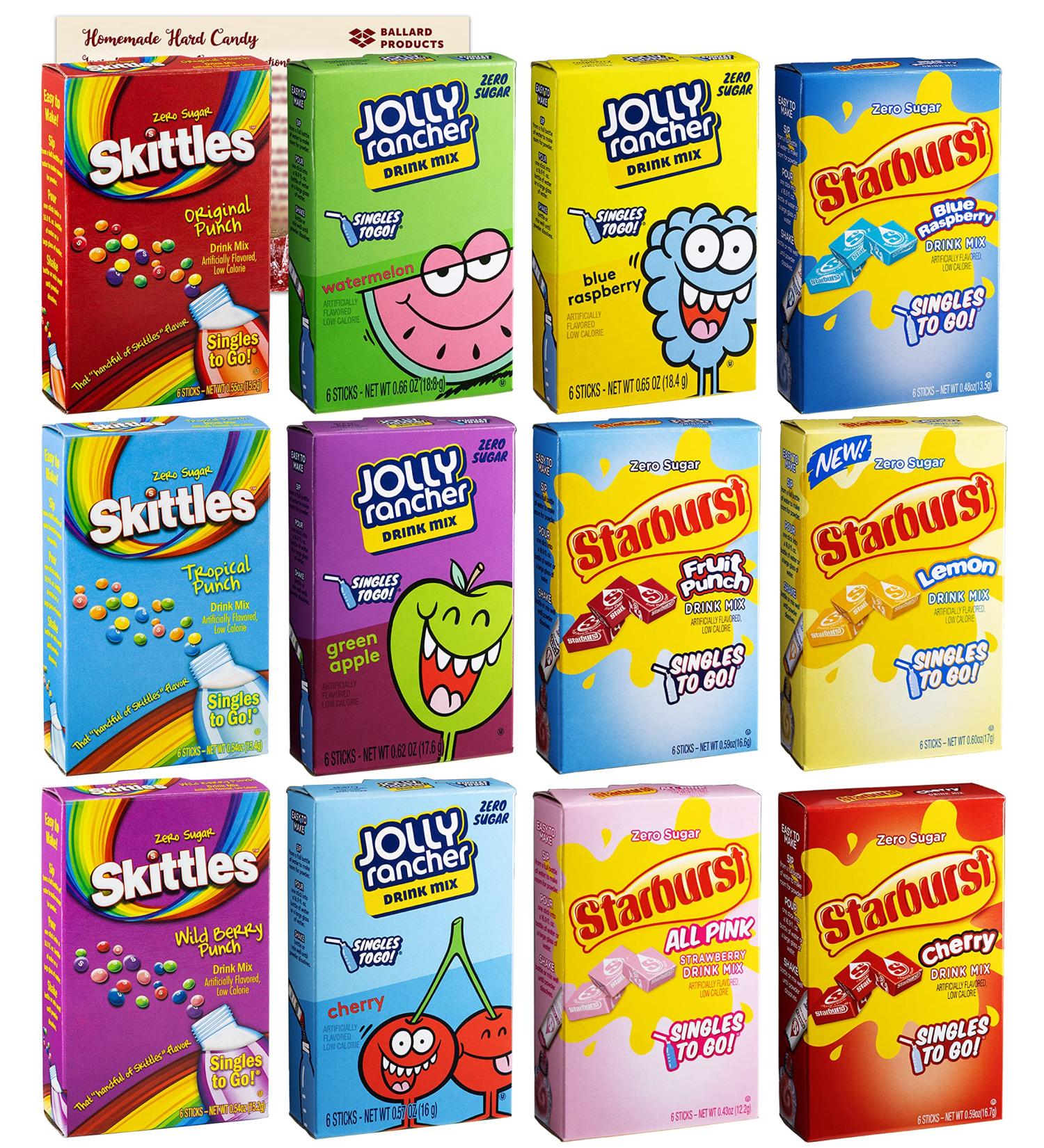 Sugar Free Variety Pack of Water Enhancers - Skittles  Starburst and Jolly Rancher Drink Mix Variety Pack of 12 - Bundle with Ballard Products Hard Candy Recipe Card - Buy Online on GoSupps.com