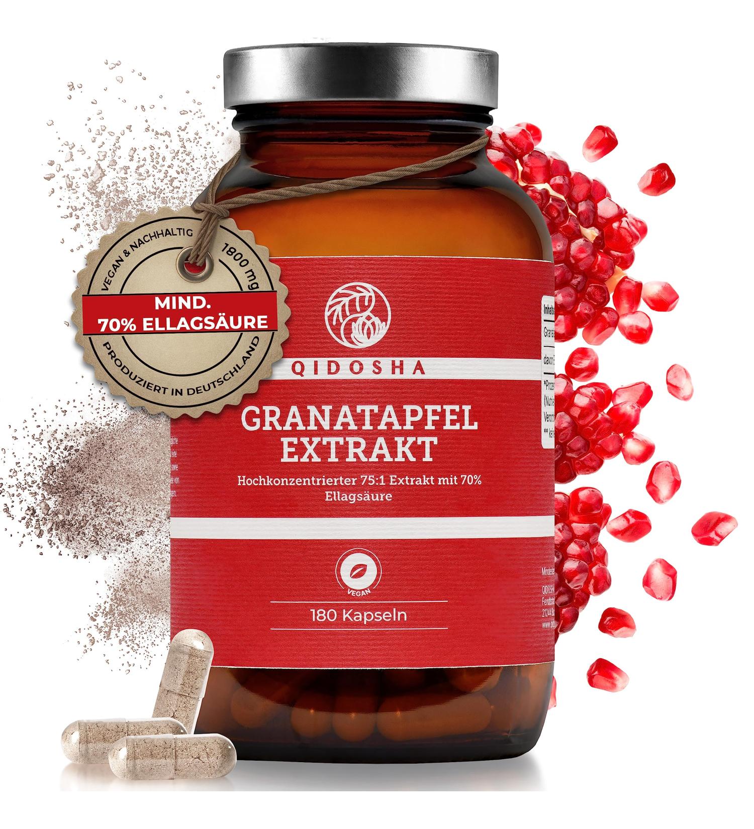 Buy Qidosha Pomegranate Extract Capsules | 70% Ellagic Acid | 180 Vegan Capsules | Premium 75:1 Extract | 1800mg Daily | German Quality - Buy Online on GoSupps.com