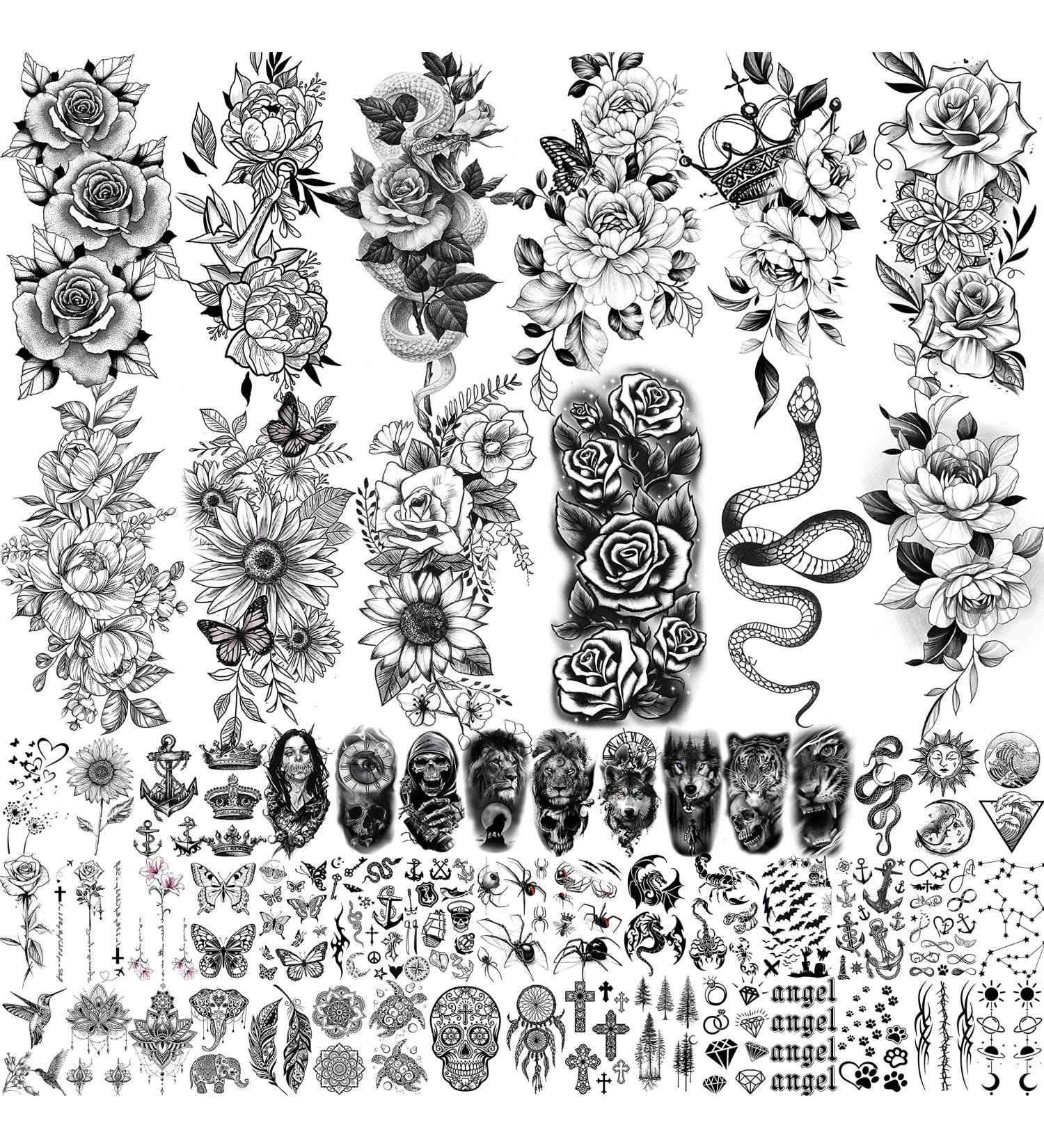 COKTAK 59 Sheets Sexy 3D Rose Flower Temporary Tattoos for Women - Snake, Floral, Sunflower, Peony, Butterfly & More | Black Realistic Arm, Neck, Thigh, Body Tattoo Stickers - Buy Online on GoSupps.com