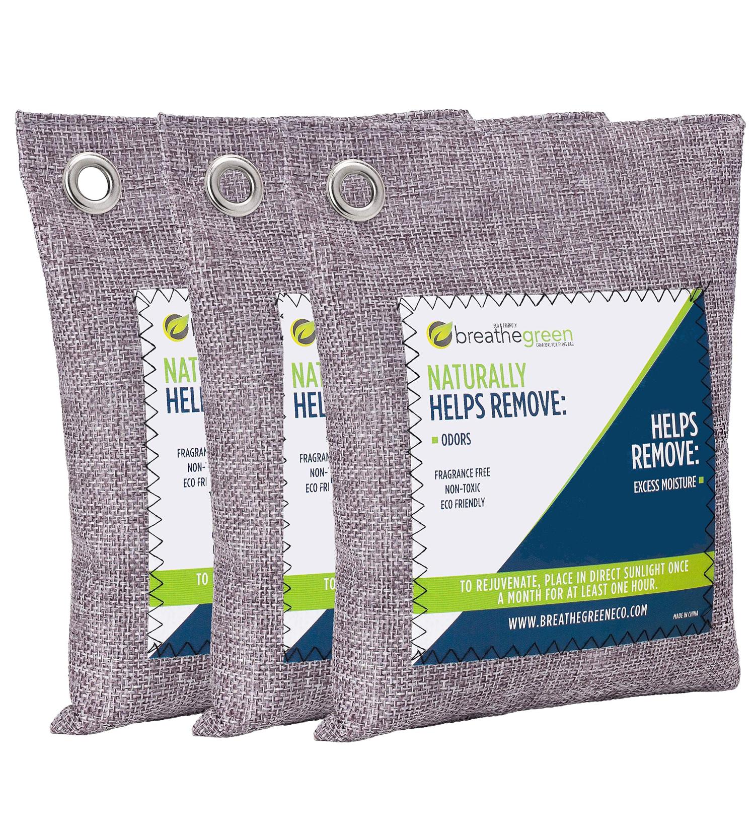 Breathe Green Bamboo Charcoal Odor Eliminator Bag (3 Pack) - Natural Odor Absorber for Home Car Pets & More | Activated Charcoal Freshener - Buy Online on GoSupps.com