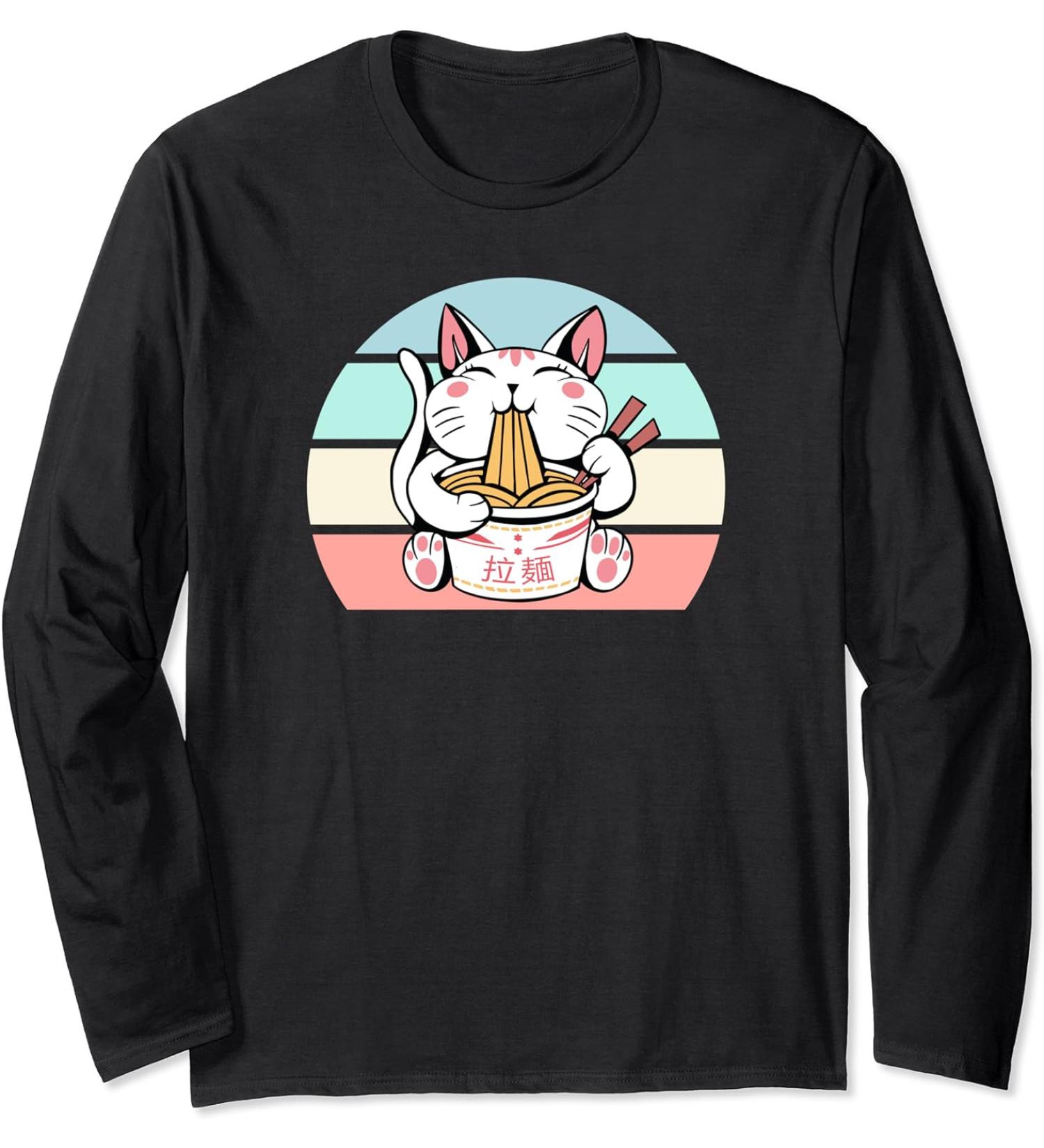 Kawaii Cat Neko Eating Ramen Noodle Soup Japanese Aesthetic Long Sleeve T-Shirt