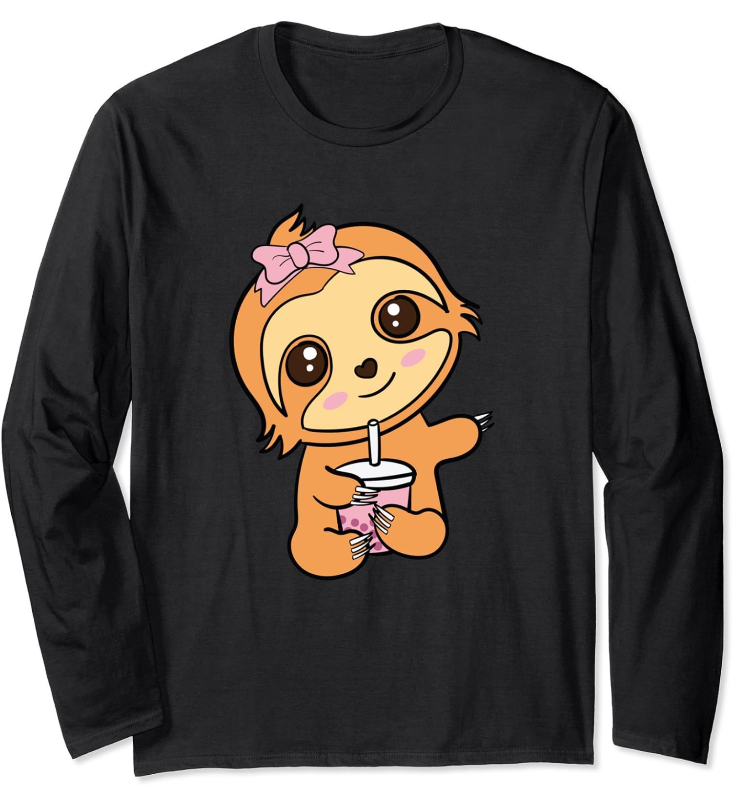 Cute Pink Kawaii Boba Bubble Tea Milk Tea Lover Gift Sloth Long Sleeve T-Shirt