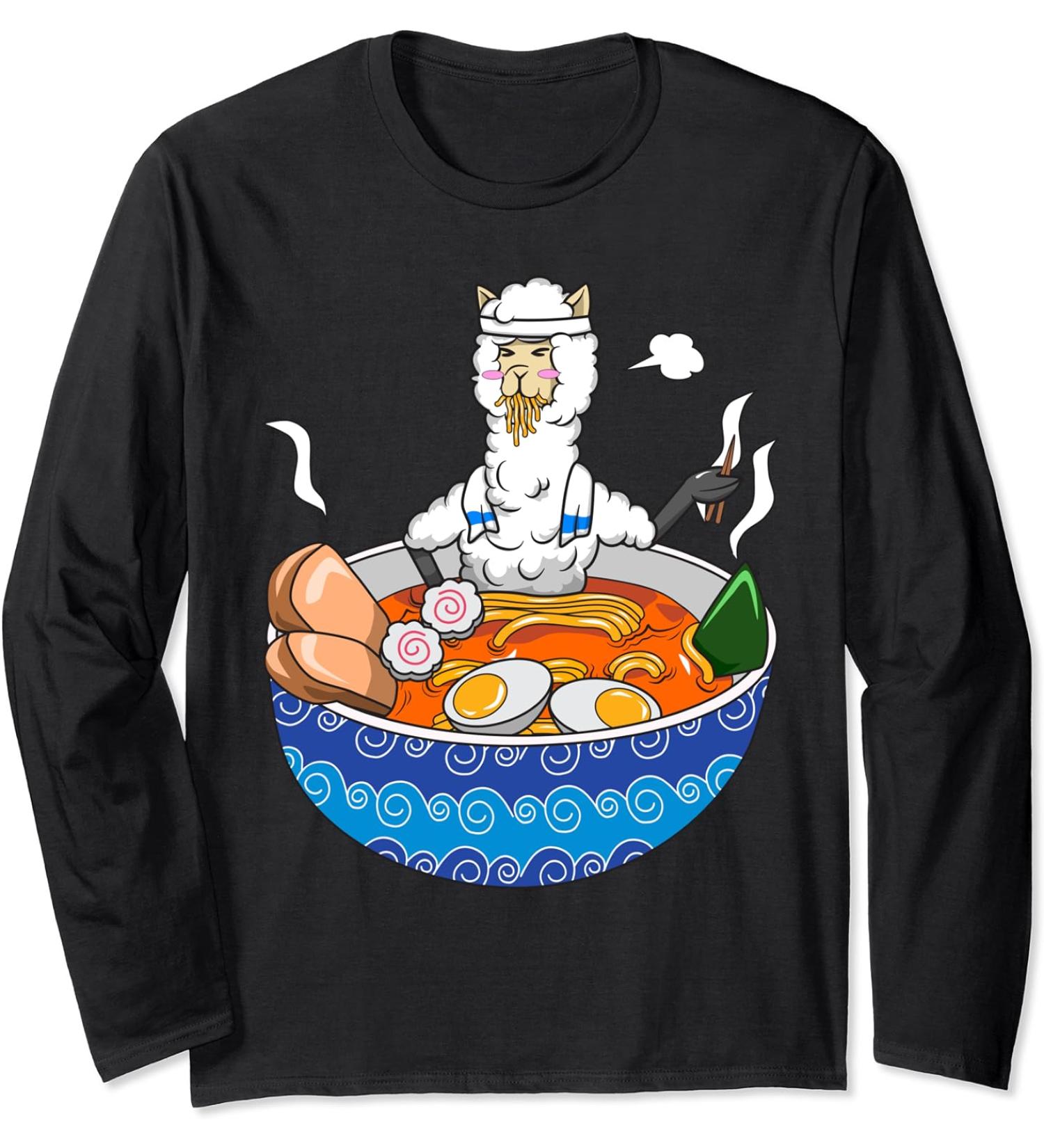 Japanese Kawaii Llamen Ramen Noodle Chillin Bowl Long Sleeve T-Shirt