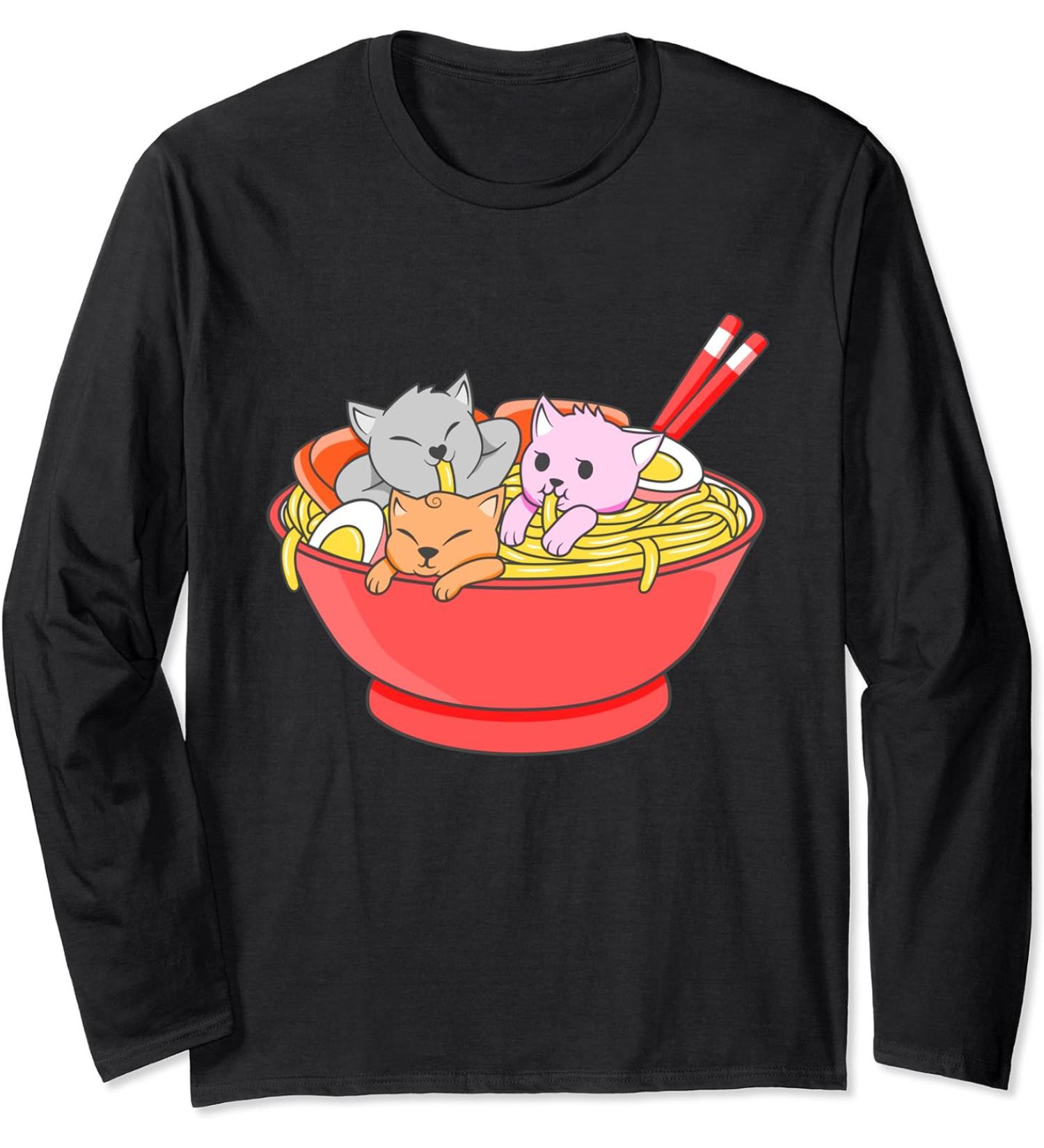 Anime Japanese Cat Ramen Kawaii Ramen Noodle Life Long Sleeve T-Shirt