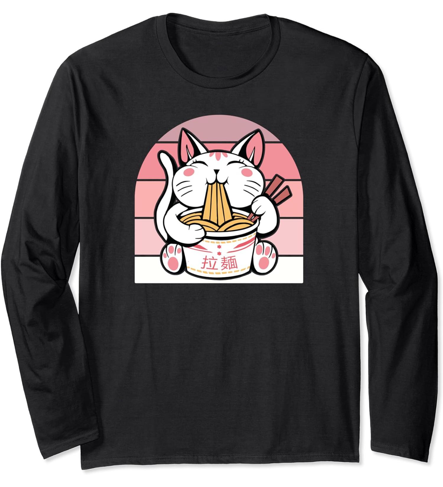 Kawaii Cat Neko Eating Ramen Noodle Soup Japanese Aesthetic Long Sleeve T-Shirt