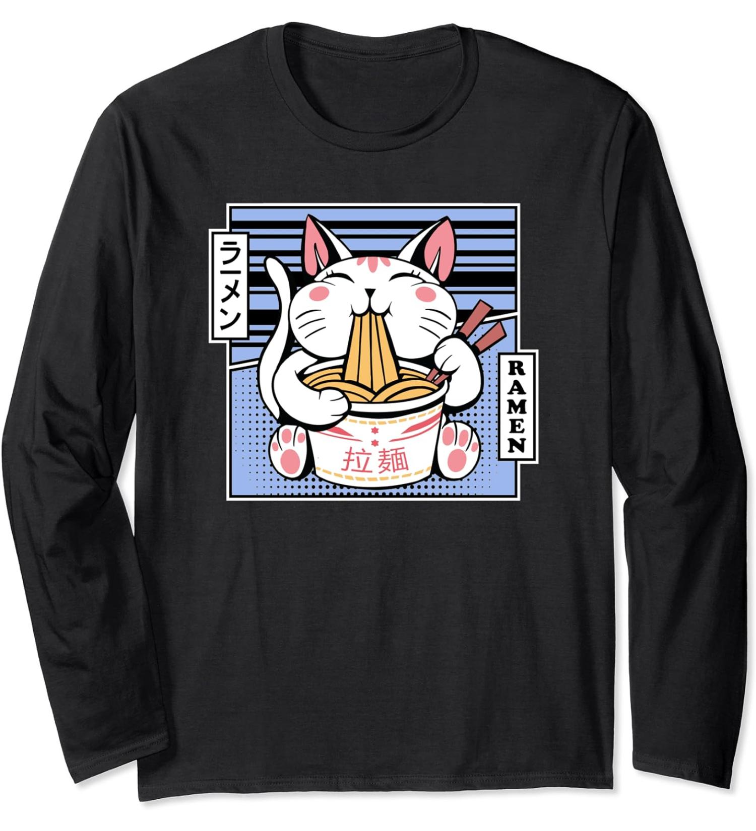 Kawaii Cat Neko Eating Ramen Noodle Soup Japanese Aesthetic Long Sleeve T-Shirt