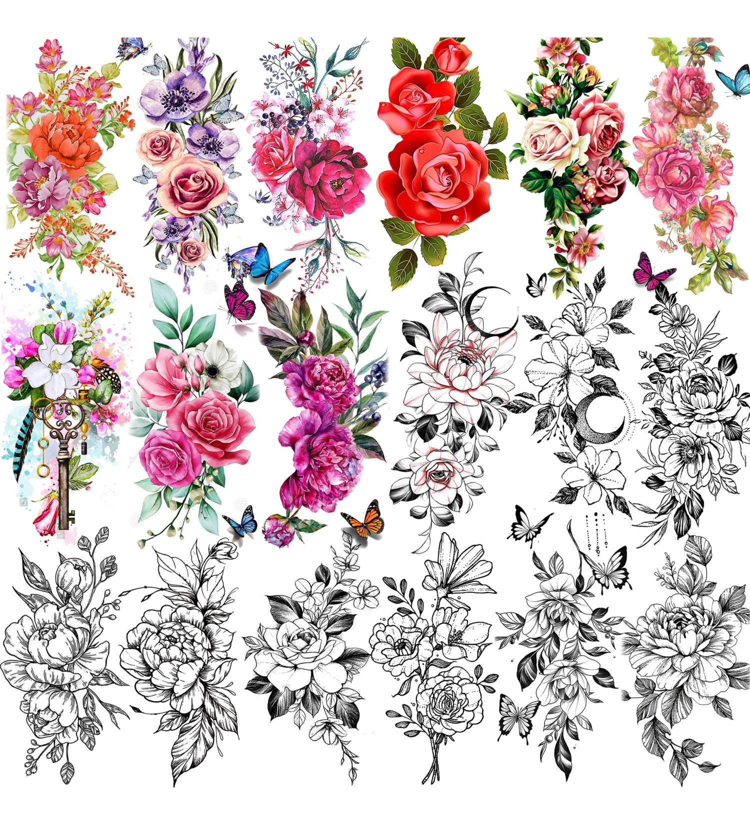 Floral Rose Temporary Tattoos for Women - Waterproof Body Art Stickers - Buy Online on GoSupps.com