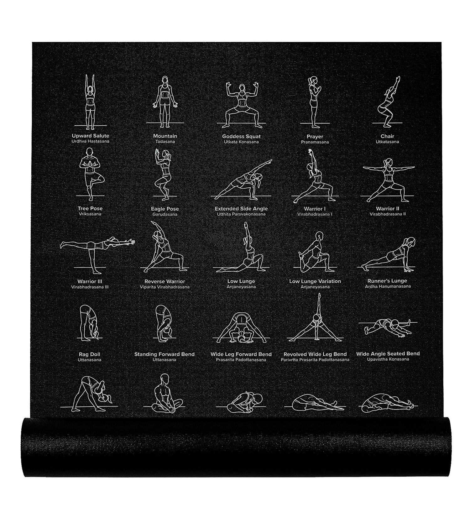 NewMe Fitness Yoga Mat - Large 5mm Thick 68 Non Slip Exercise Mat with 70 Printed Yoga Poses - Black - Buy Online on GoSupps.com