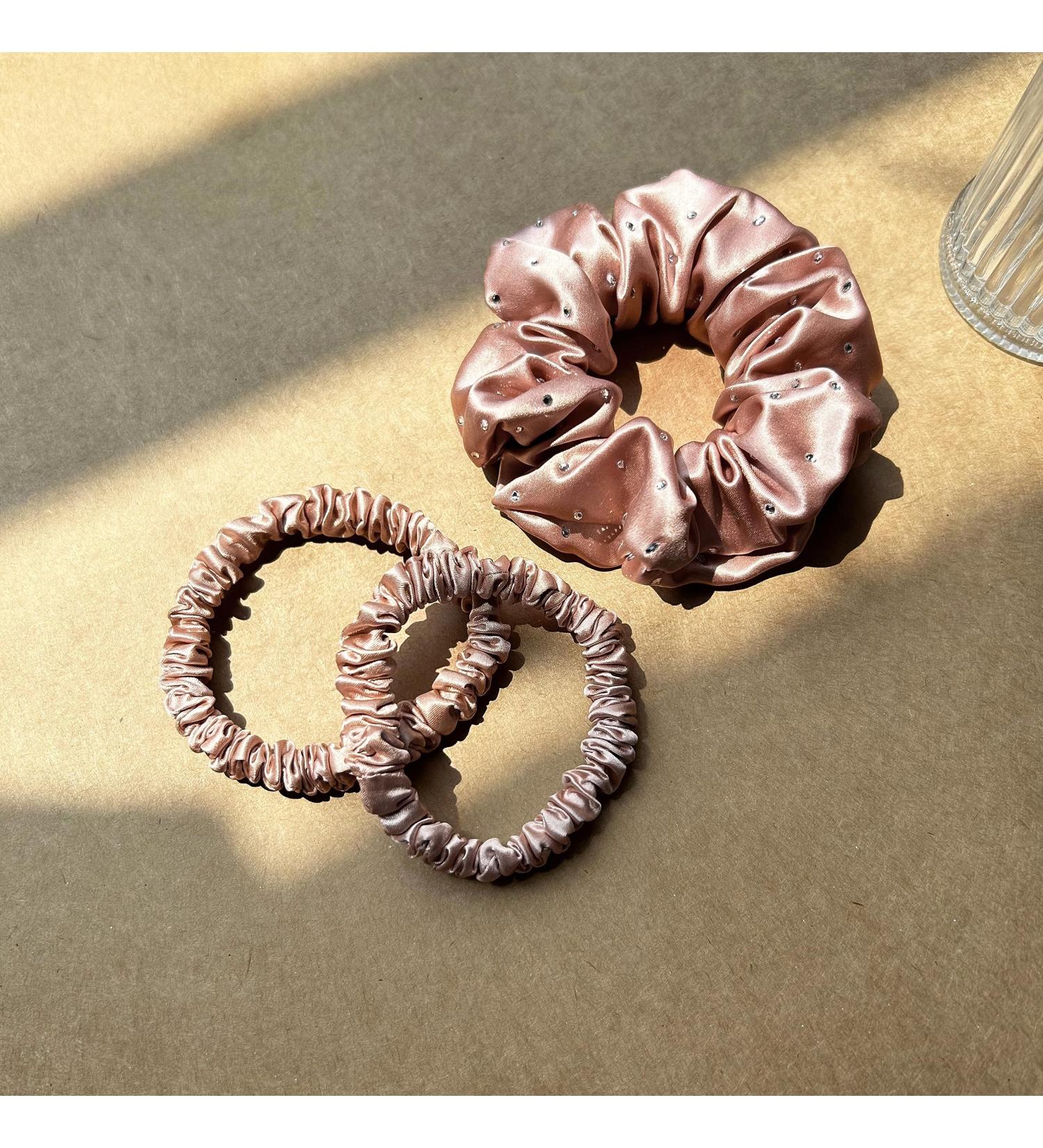 Luxury Silk Skinnie Hair Bobbles Scrunchies - Set of 3 | 100% Pure Mulberry Silk | 22 Momme | Hair Friendly & Elastic | Luxury Diamonds Color - Buy Online on GoSupps.com