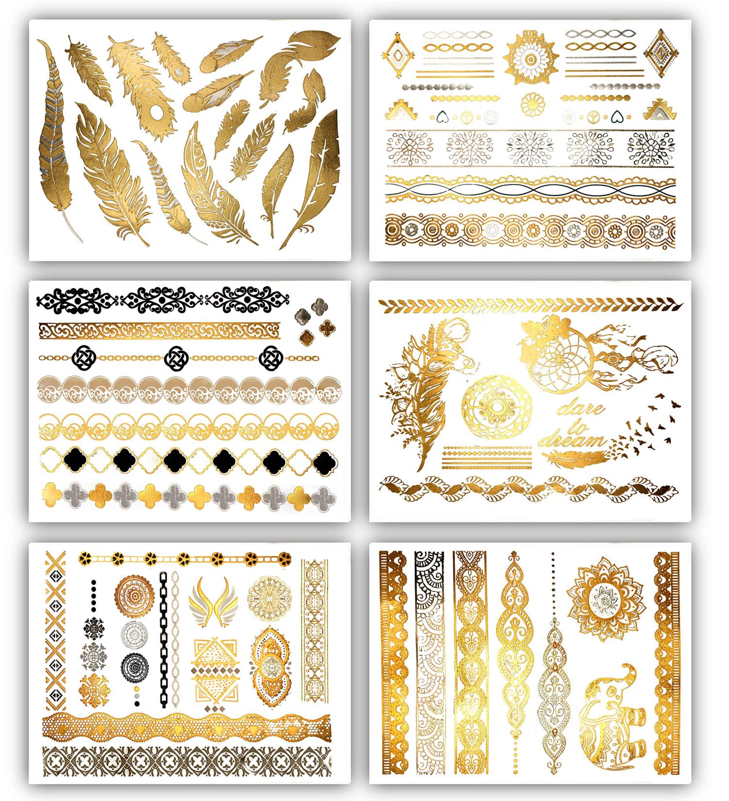 Terra Tattoos Gold Metallic Temporary Tats - 75+ Boho Henna Designs with Feathers, Tribal Elephants - Waterproof, Nontoxic, Long Lasting - Ideal for Beach, Festivals & More! - Buy Online on GoSupps.com
