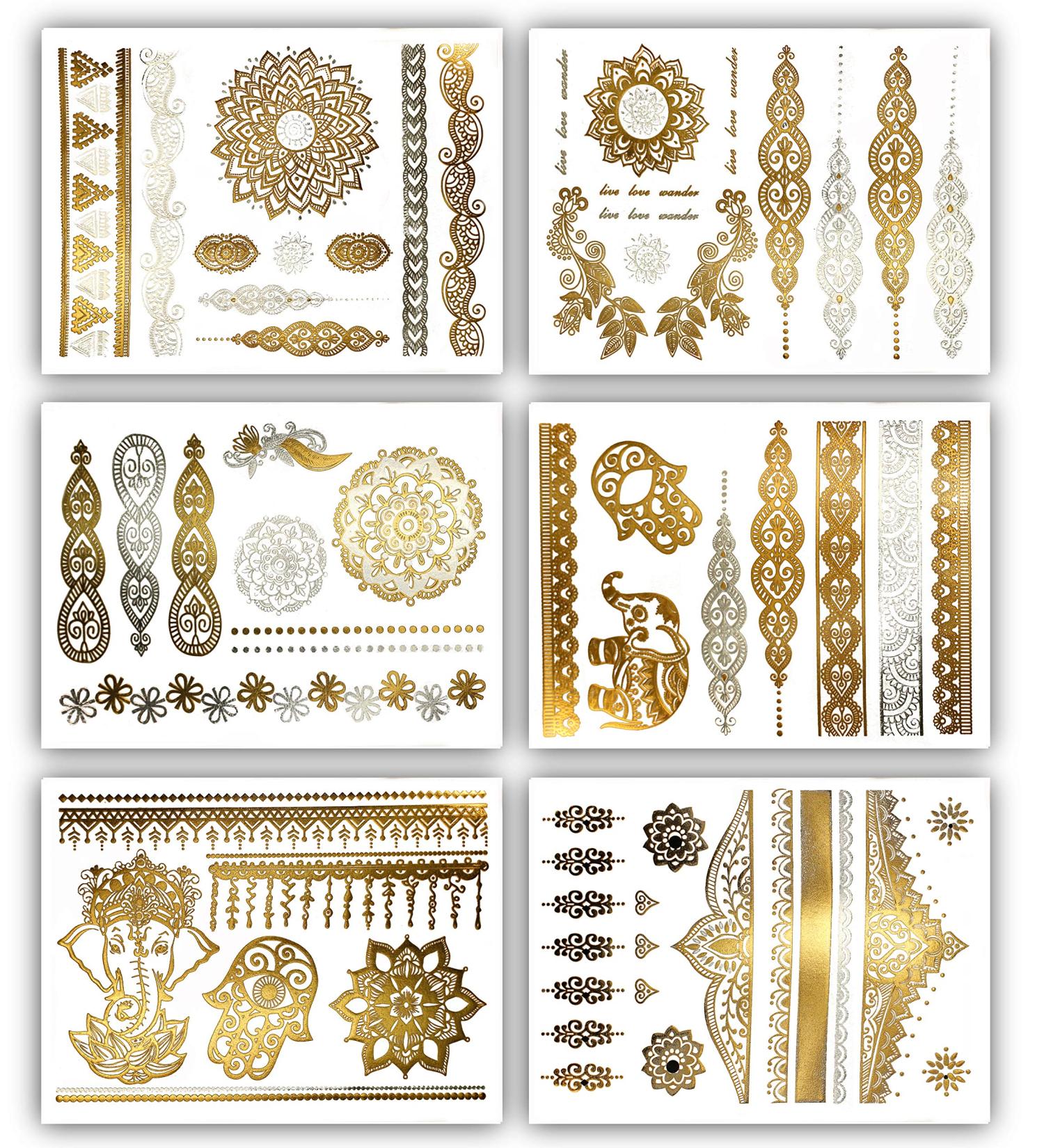 Terra Tattoos Metallic Gold Henna Temporary Tattoos - 75 Mandala & Flower Designs, Waterproof & Nontoxic for Beach Parties - Buy Online on GoSupps.com