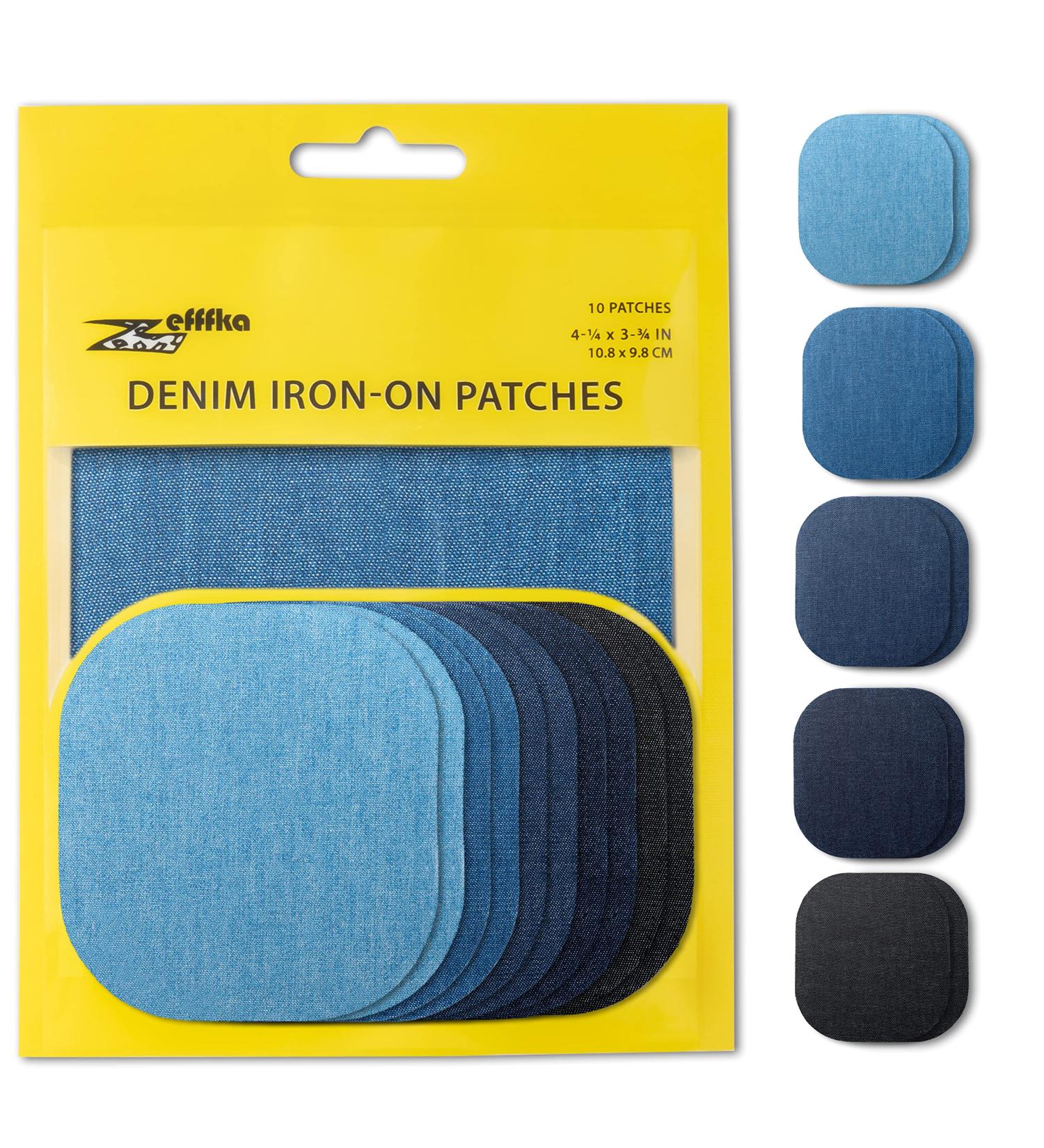 ZEFFFKA Premium Quality Denim Iron-on Jean Patches 10 Pieces Kit, Assorted Shades of Blue Black, Size 4-1/4 x 3-3/4 - Strongest Glue, 100% Cotton, for Repair & Decorating - Buy Online on GoSupps.com