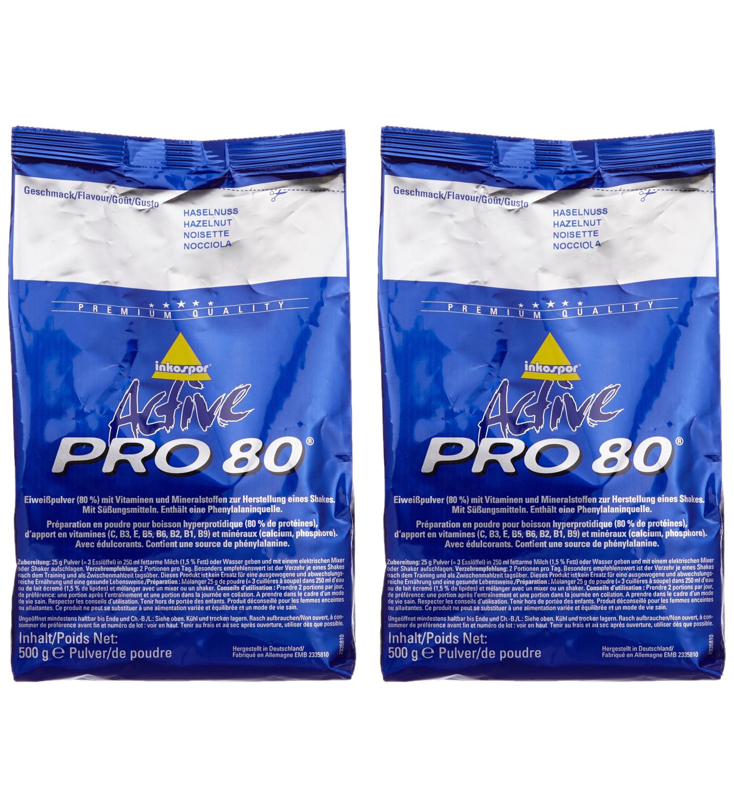 Inkospor Active Proteinshake Pro 80 Bags Double Pack (2 x 500g) Hazelnut | 1kg Protein Powder - International Shipping - Buy Online on GoSupps.com