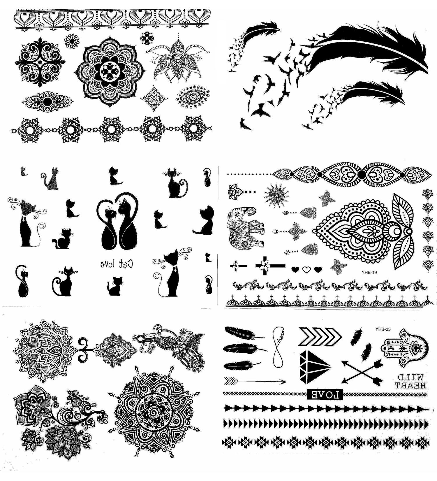 Henna Tattoo Body Paints (6 Sheets) - Temporary Tattoo Designs with Feathers, Mandala, Cats, Lotus, Bracelet, Elephant, Birds - Easy to Apply - Buy Online on GoSupps.com