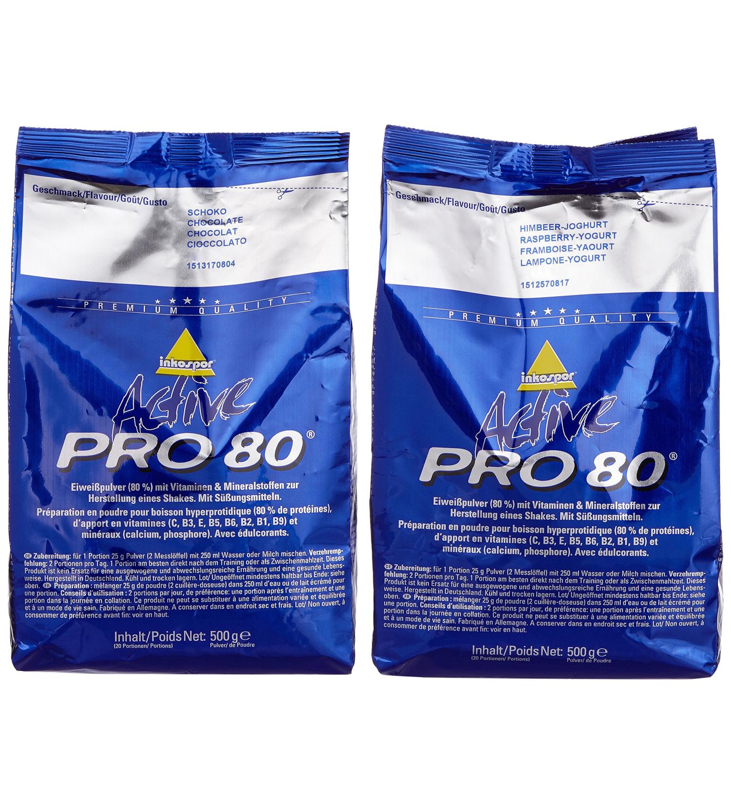 Inkospor Active Proteinshake Pro 80 Bags - 2-Pack (2 x 500g) Chocolate/Raspberry Yoghurt - High-Protein Supplement for Fitness & Weight Management - Buy Online on GoSupps.com