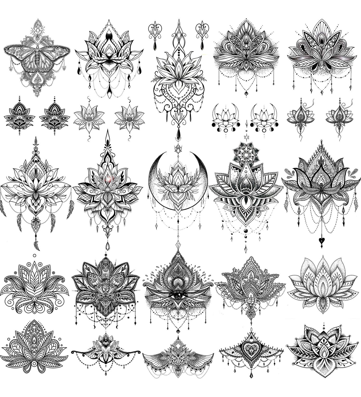 Sexy Black Lotus Temporary Tattoos - 15 Sheets, Fake Jewelry Indian Tribal Bohemia Lace Moon Moth Flowers Design for Women - Temporary Stickers for Girls Arm, Neck, Chest, Breast - EGMBGM - Buy Online on GoSupps.com