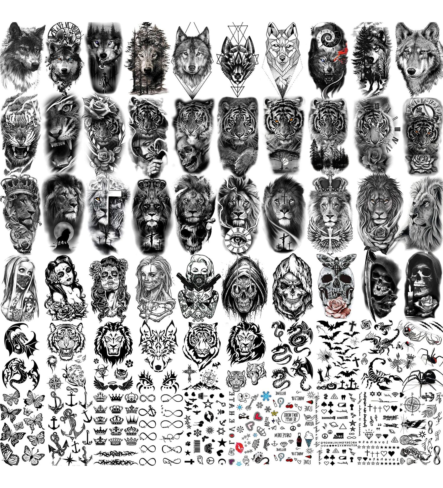 Rejaski Ferocious Lion Tiger Temporary Tattoos- 60 Sheets | Scary Devil Skull Skeleton Fake Tattoos for Halloween | Black 3D Wolf Dragon Realistic Arm Neck Tattoos for Adults & Teens - Buy Online on GoSupps.com